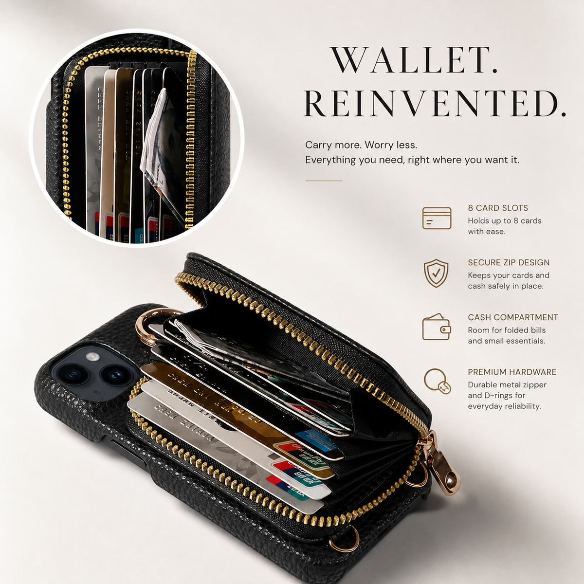 Premium iPhone Case Wallet MagSafe Compatible Zipper PU Leather Card Holder Crossbody Strap Magnetic Closure Shockproof Camera Protection Slim Design