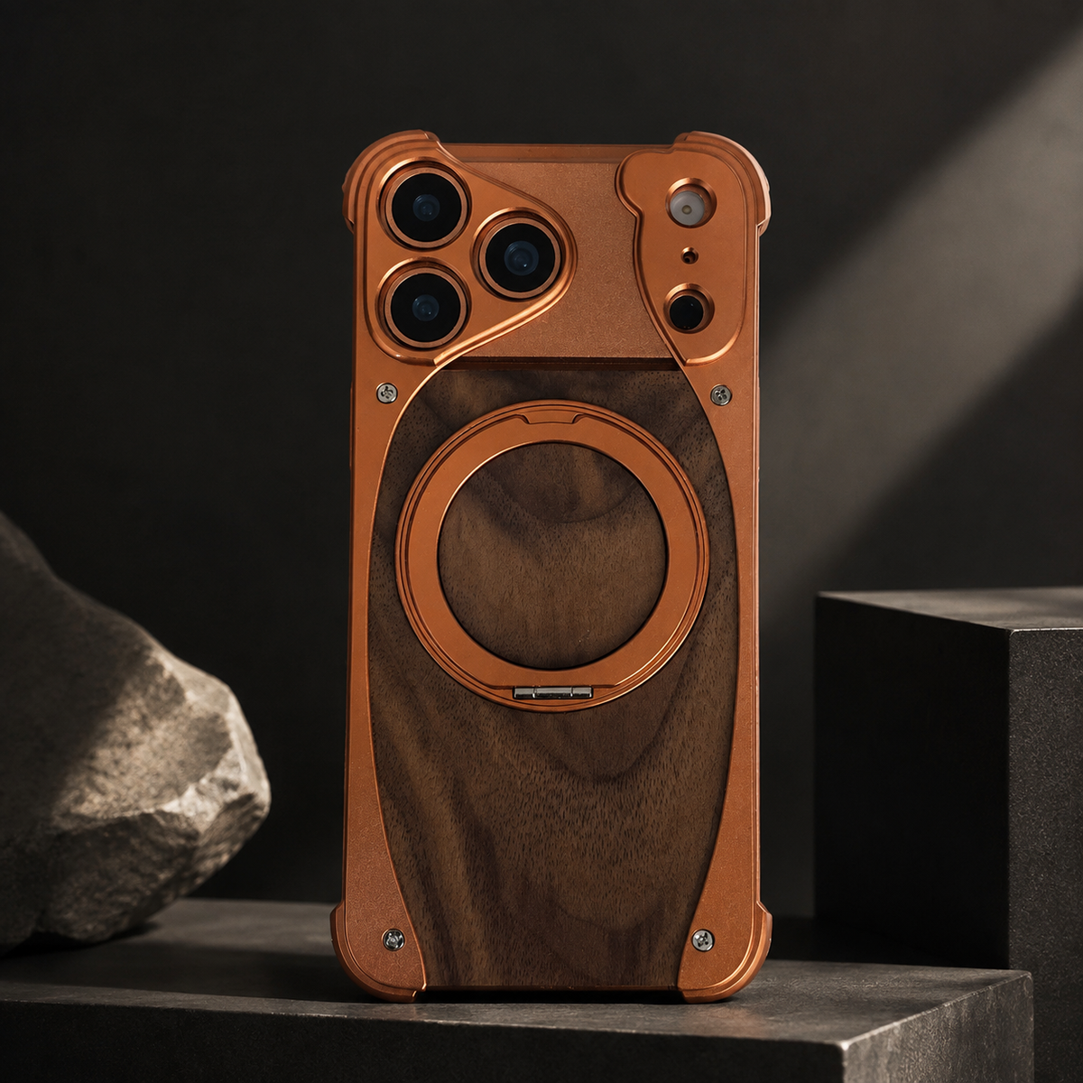 Premium iPhone Case Walnut Wood Aluminum Magnetic Cover Shockproof Drop Protection Built In Stand MagSafe Compatible Wireless Charging Luxury Hybrid Design