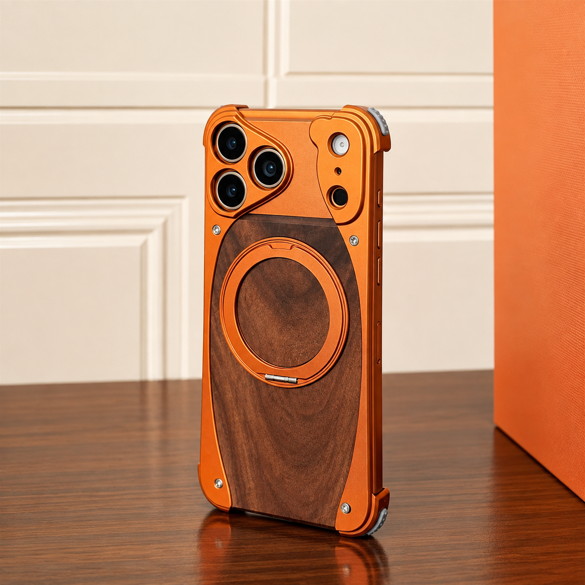 Premium iPhone Case Walnut Wood Aluminum Magnetic Cover Shockproof Drop Protection Built In Stand MagSafe Compatible Wireless Charging Luxury Hybrid Design