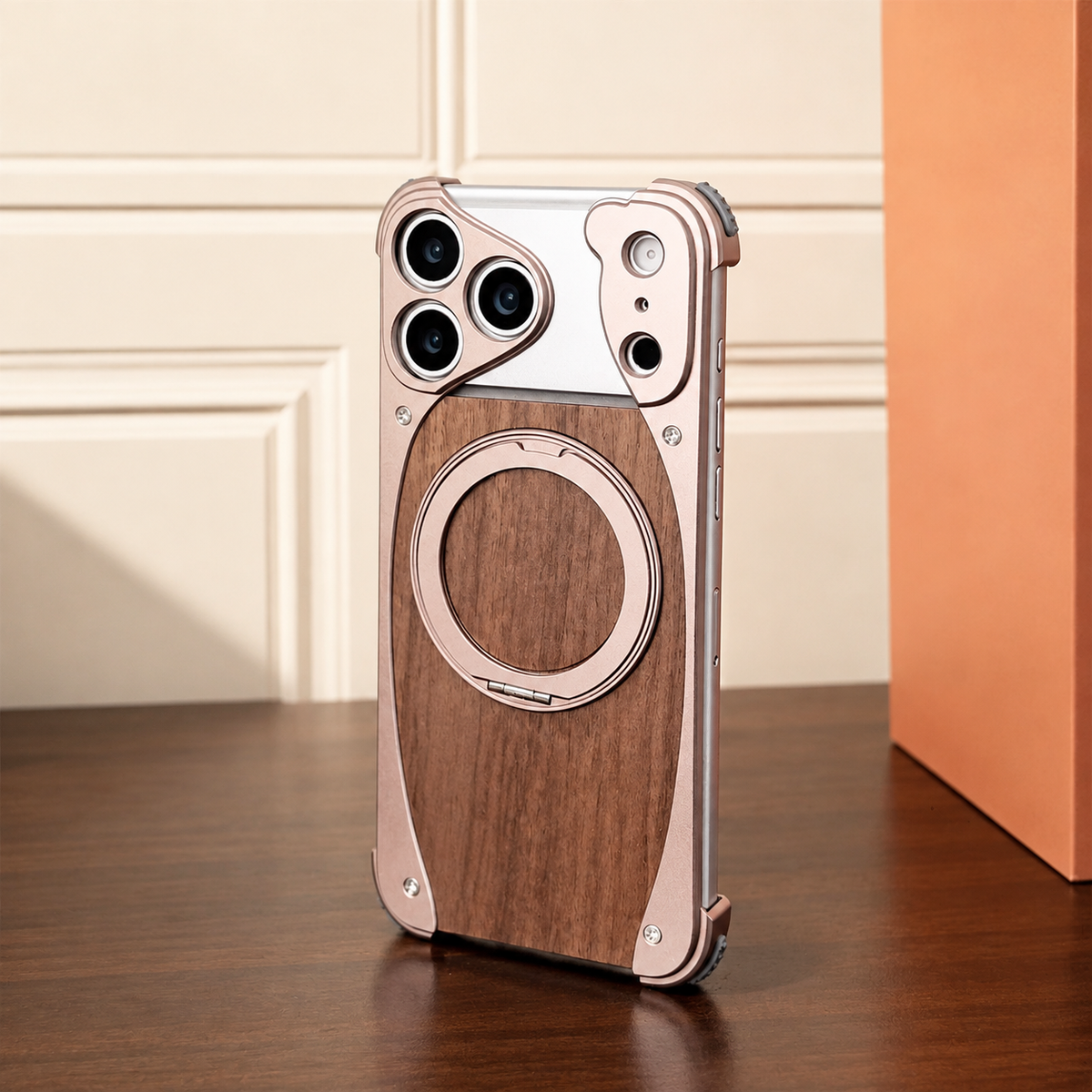 Premium iPhone Case Walnut Wood Aluminum Magnetic Cover Shockproof Drop Protection Built In Stand MagSafe Compatible Wireless Charging Luxury Hybrid Design