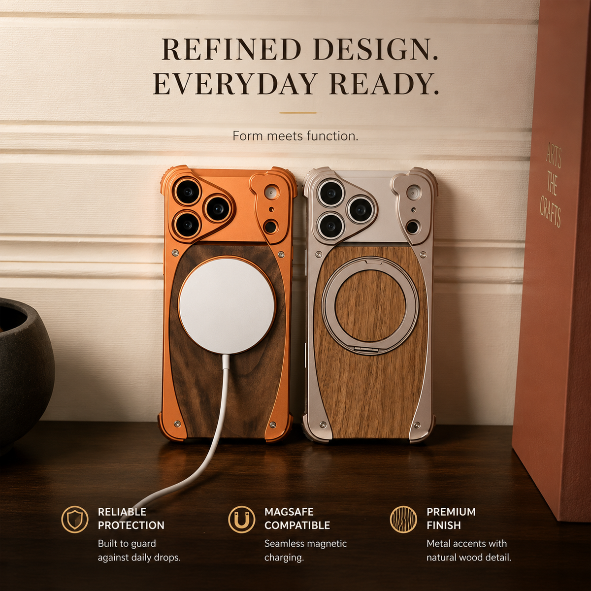 Premium iPhone Case Walnut Wood Aluminum Magnetic Cover Shockproof Drop Protection Built In Stand MagSafe Compatible Wireless Charging Luxury Hybrid Design
