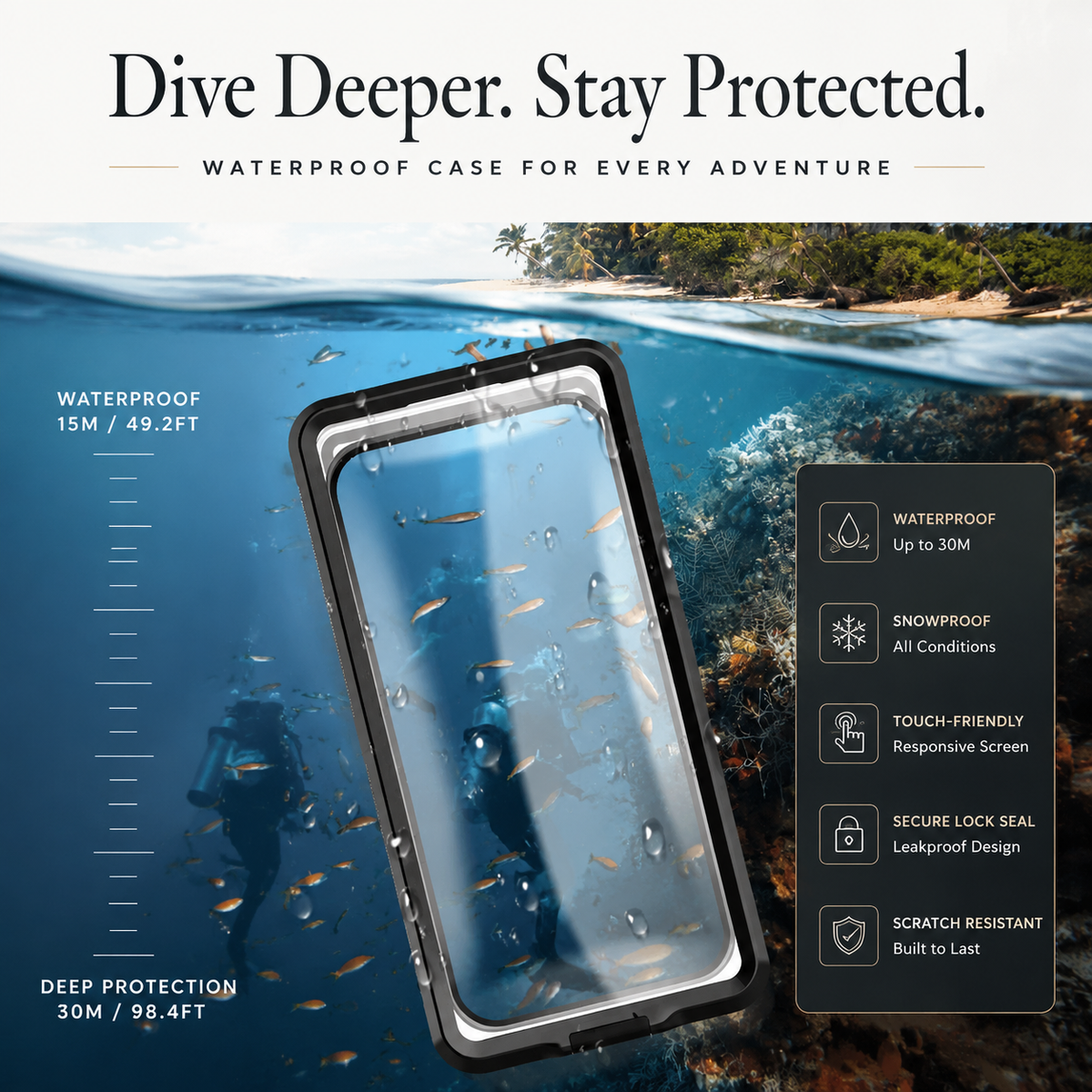 Premium iPhone Case Waterproof IP68 Shockproof Full Body Protective Cover Vacuum Seal Touchscreen Access Dustproof Outdoor Underwater Protection Durable