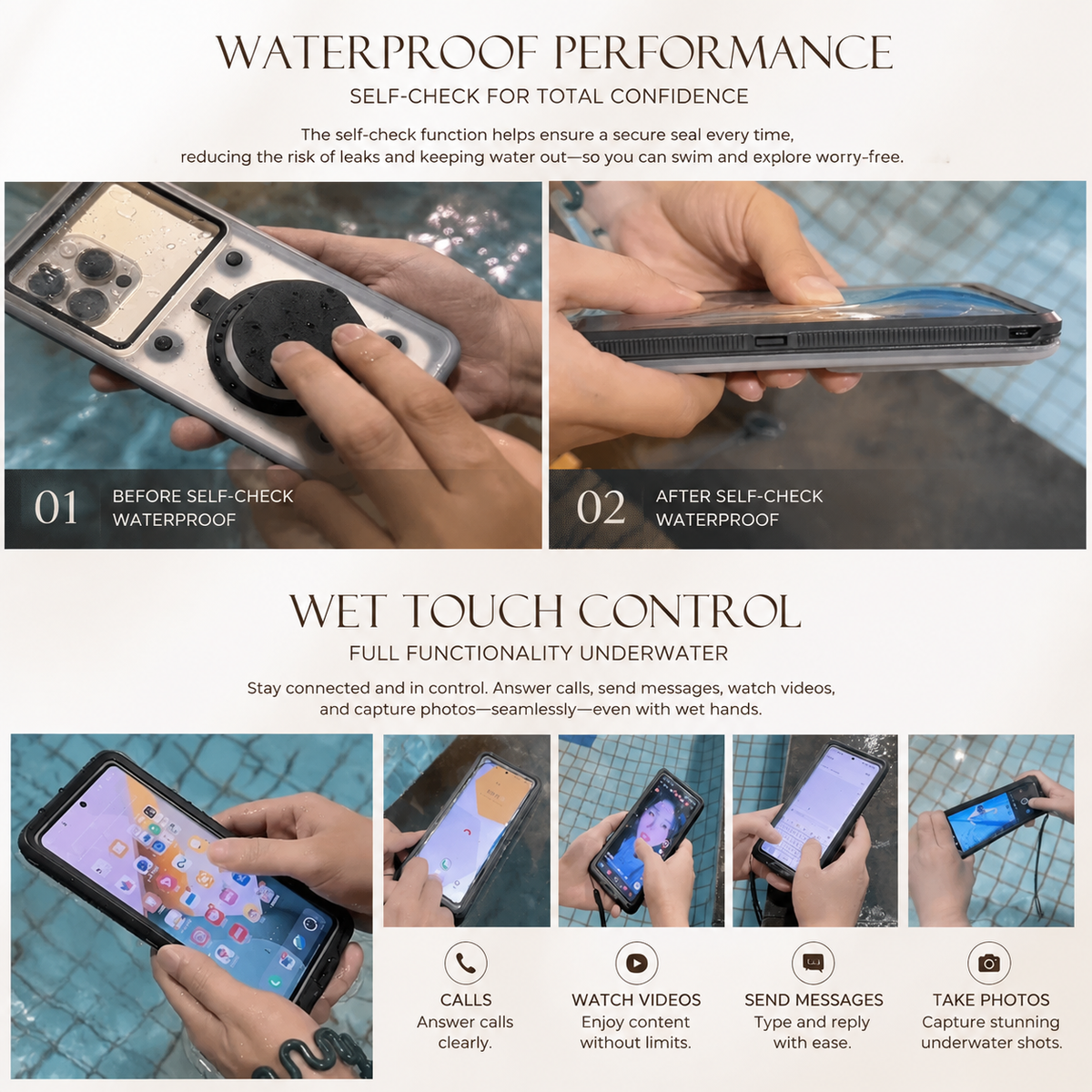 Premium iPhone Case Waterproof IP68 Shockproof Full Body Protective Cover Vacuum Seal Touchscreen Access Dustproof Outdoor Underwater Protection Durable