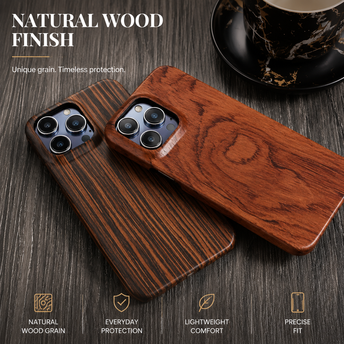 Premium iPhone Case Wooden Natural Wood Walnut Ebony Bamboo Rosewood Protective Cover Dustproof Hard Shell Shockproof Scratch Resistant Slim Lightweight