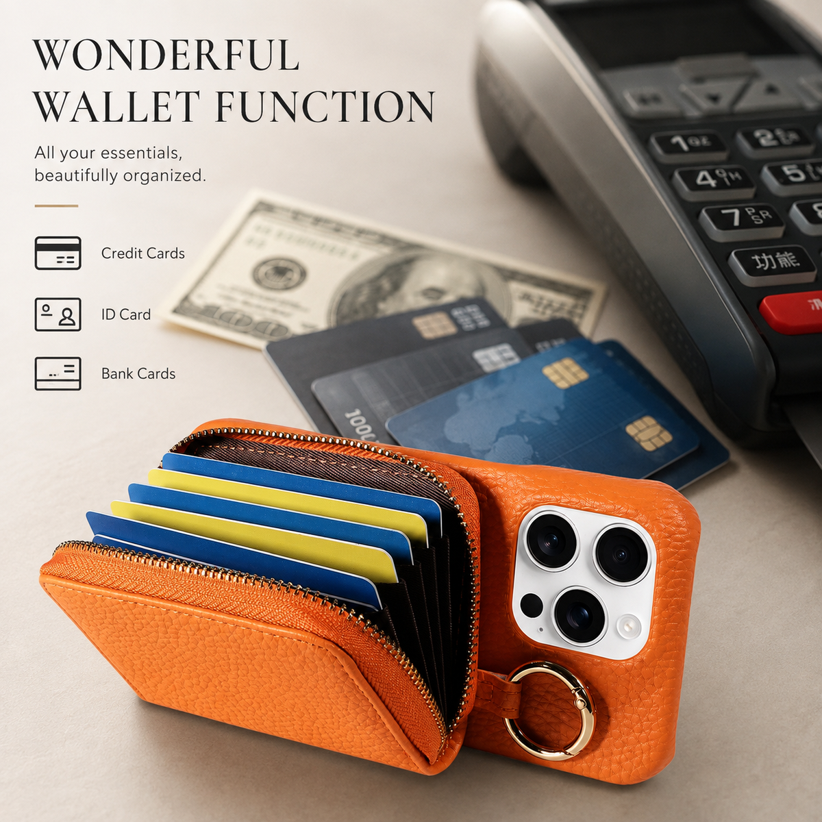 Premium iPhone Crossbody Wallet Case Faux Leather Card Holder Ring Stand Detachable Lanyard Shockproof Anti Scratch Dustproof Full Cover Storage