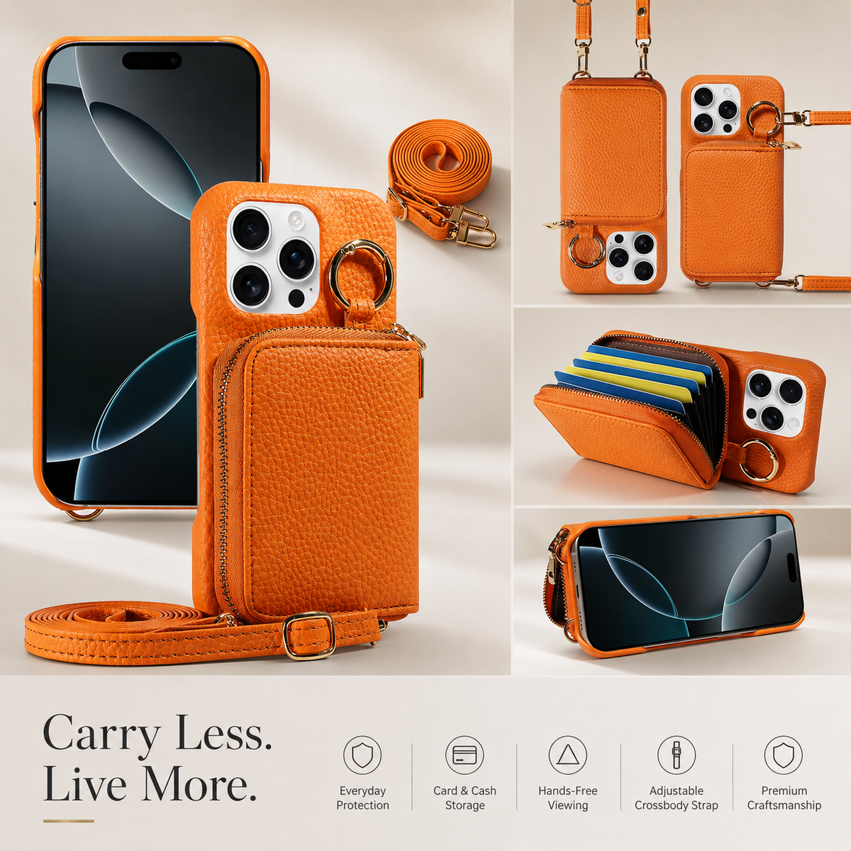 Premium iPhone Crossbody Wallet Case Faux Leather Card Holder Ring Stand Detachable Lanyard Shockproof Anti Scratch Dustproof Full Cover Storage