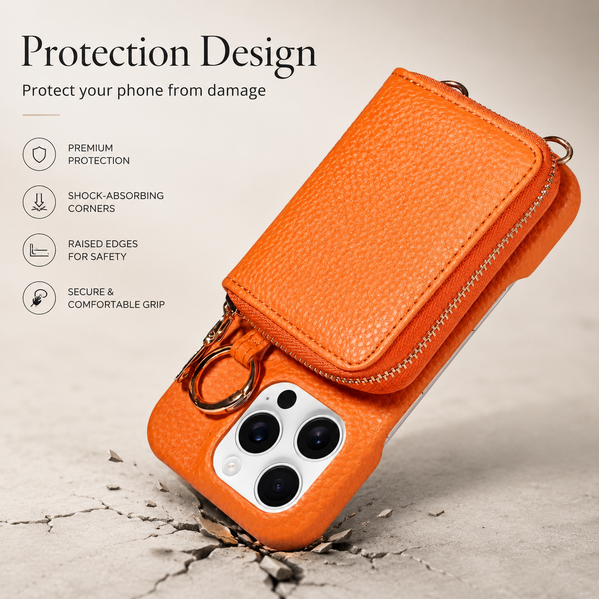 Premium iPhone Crossbody Wallet Case Faux Leather Card Holder Ring Stand Detachable Lanyard Shockproof Anti Scratch Dustproof Full Cover Storage