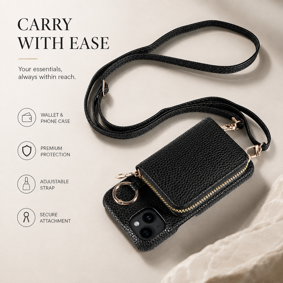 Premium iPhone Crossbody Wallet Case Faux Leather Card Holder Ring Stand Detachable Lanyard Shockproof Anti Scratch Dustproof Full Cover Storage