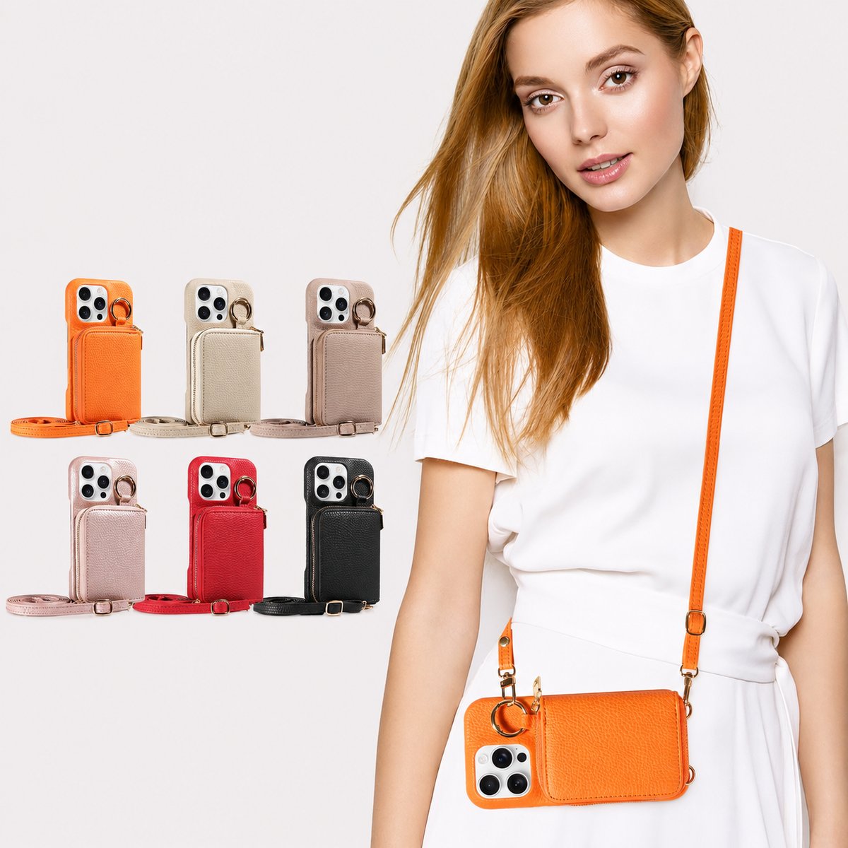 Premium iPhone Crossbody Wallet Case Faux Leather Card Holder Ring Stand Detachable Lanyard Shockproof Anti Scratch Dustproof Full Cover Storage