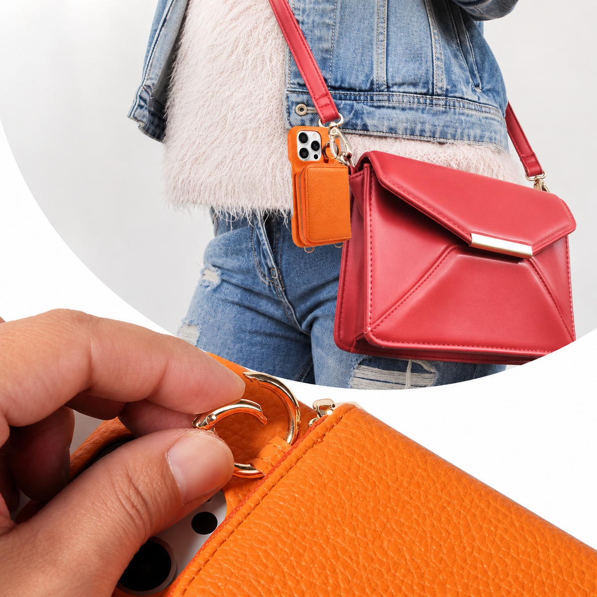 Premium iPhone Crossbody Wallet Case Faux Leather Card Holder Ring Stand Detachable Lanyard Shockproof Anti Scratch Dustproof Full Cover Storage