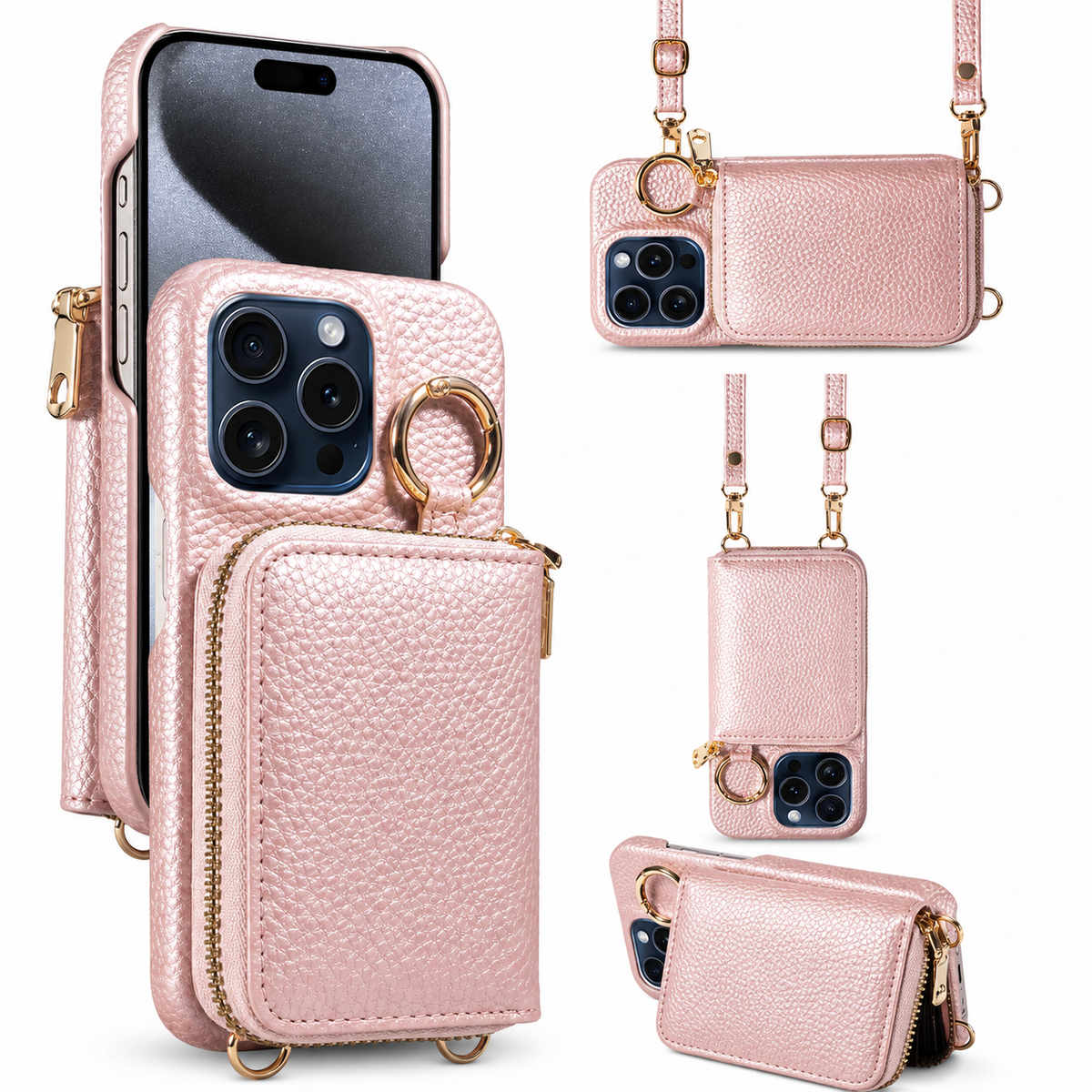 Premium iPhone Crossbody Wallet Case Faux Leather Card Holder Ring Stand Detachable Lanyard Shockproof Anti Scratch Dustproof Full Cover Storage