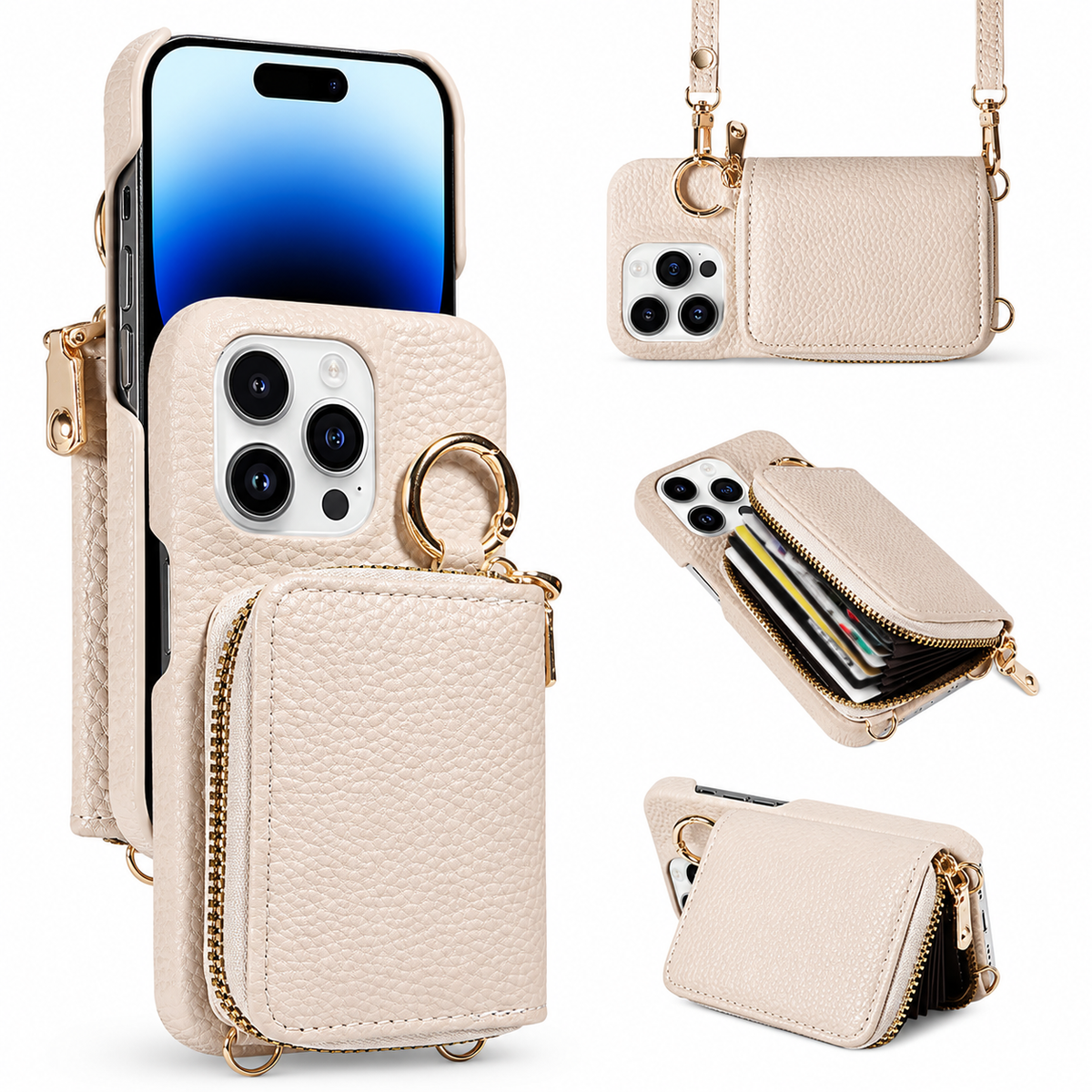 Premium iPhone Crossbody Wallet Case Faux Leather Card Holder Ring Stand Detachable Lanyard Shockproof Anti Scratch Dustproof Full Cover Storage