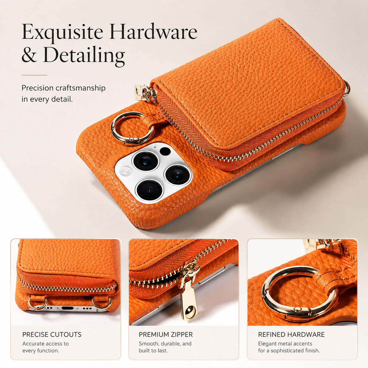 Premium iPhone Crossbody Wallet Case Faux Leather Card Holder Ring Stand Detachable Lanyard Shockproof Anti Scratch Dustproof Full Cover Storage