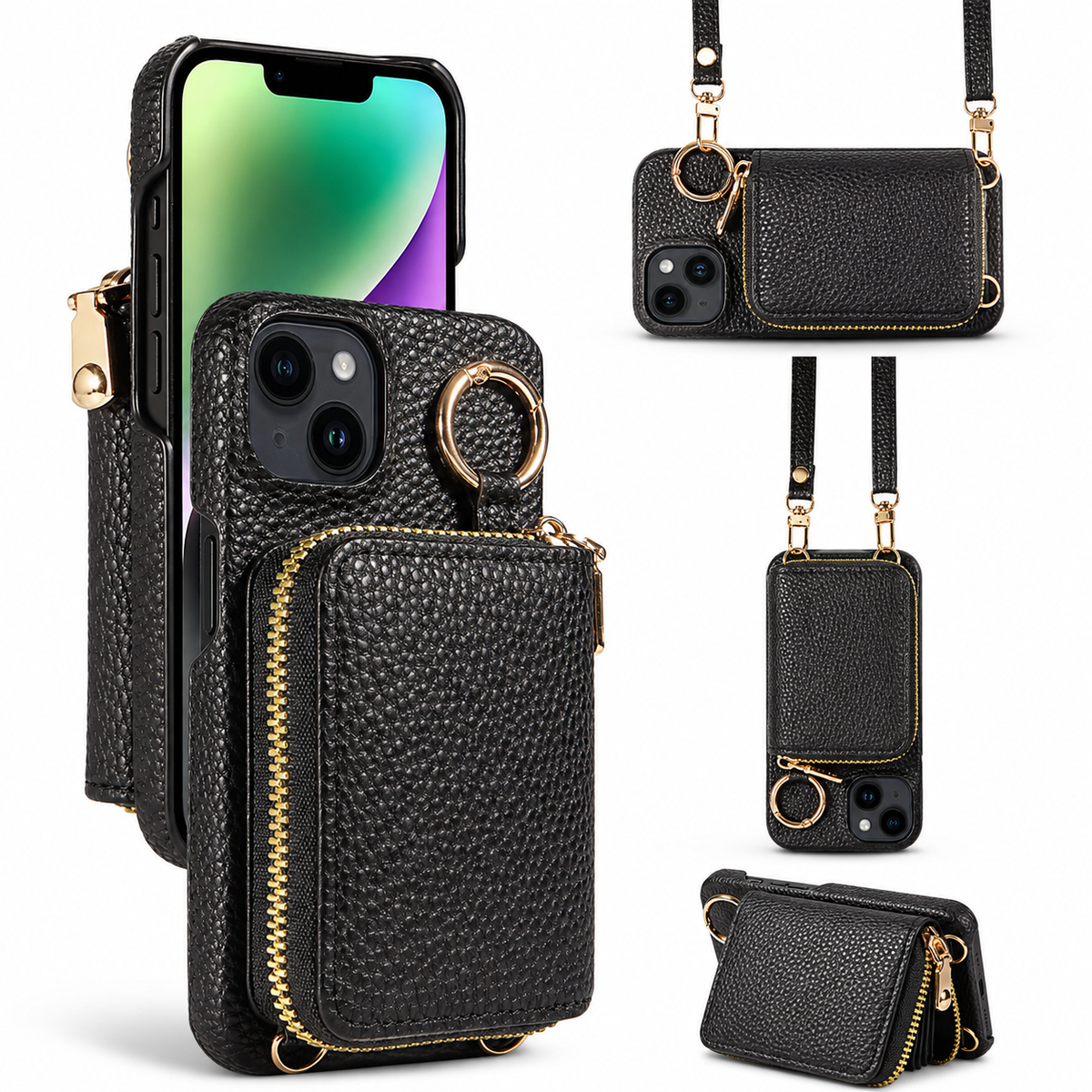 Premium iPhone Crossbody Wallet Case Faux Leather Card Holder Ring Stand Detachable Lanyard Shockproof Anti Scratch Dustproof Full Cover Storage