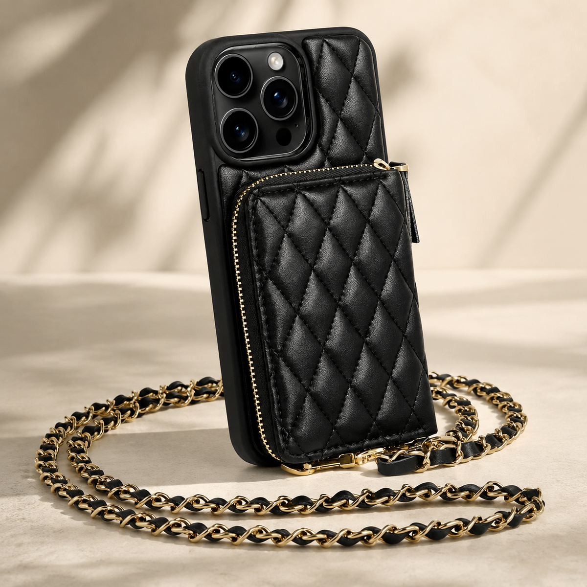 Premium iPhone Crossbody Wallet Case Leather Card Holder Diamond Stitch Chain Strap Shockproof Non Slip Portable Protective Phone Bag