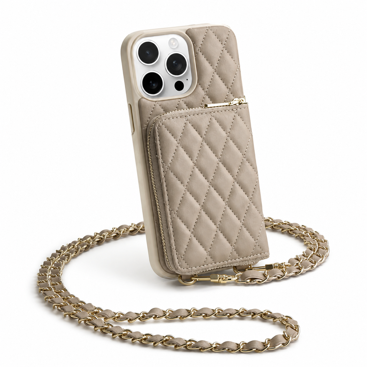 Premium iPhone Crossbody Wallet Case Leather Card Holder Diamond Stitch Chain Strap Shockproof Non Slip Portable Protective Phone Bag