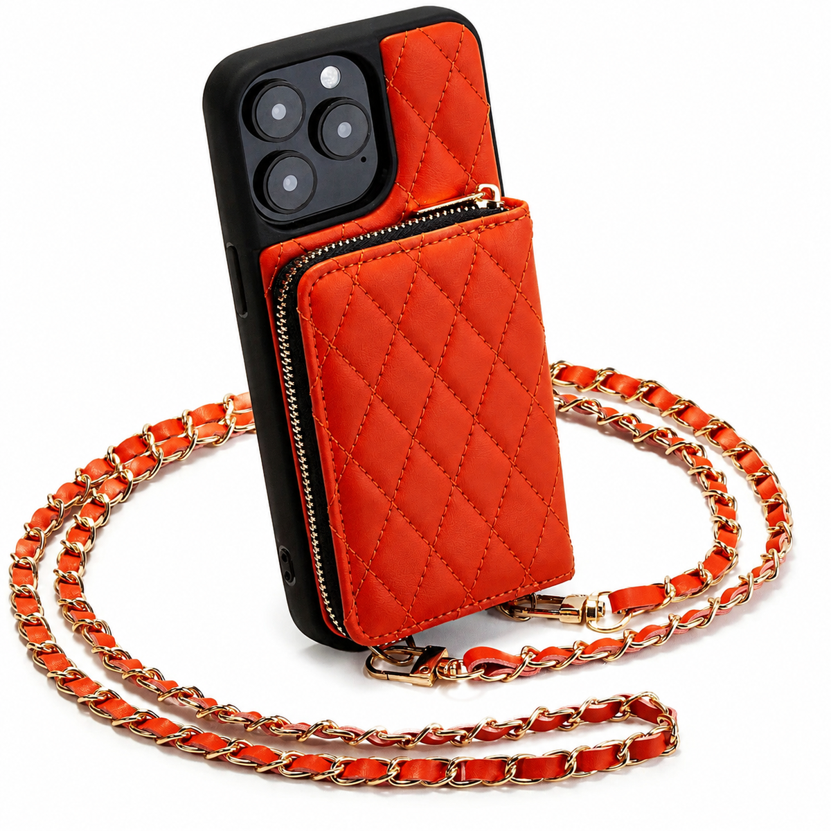 Premium iPhone Crossbody Wallet Case Leather Card Holder Diamond Stitch Chain Strap Shockproof Non Slip Portable Protective Phone Bag