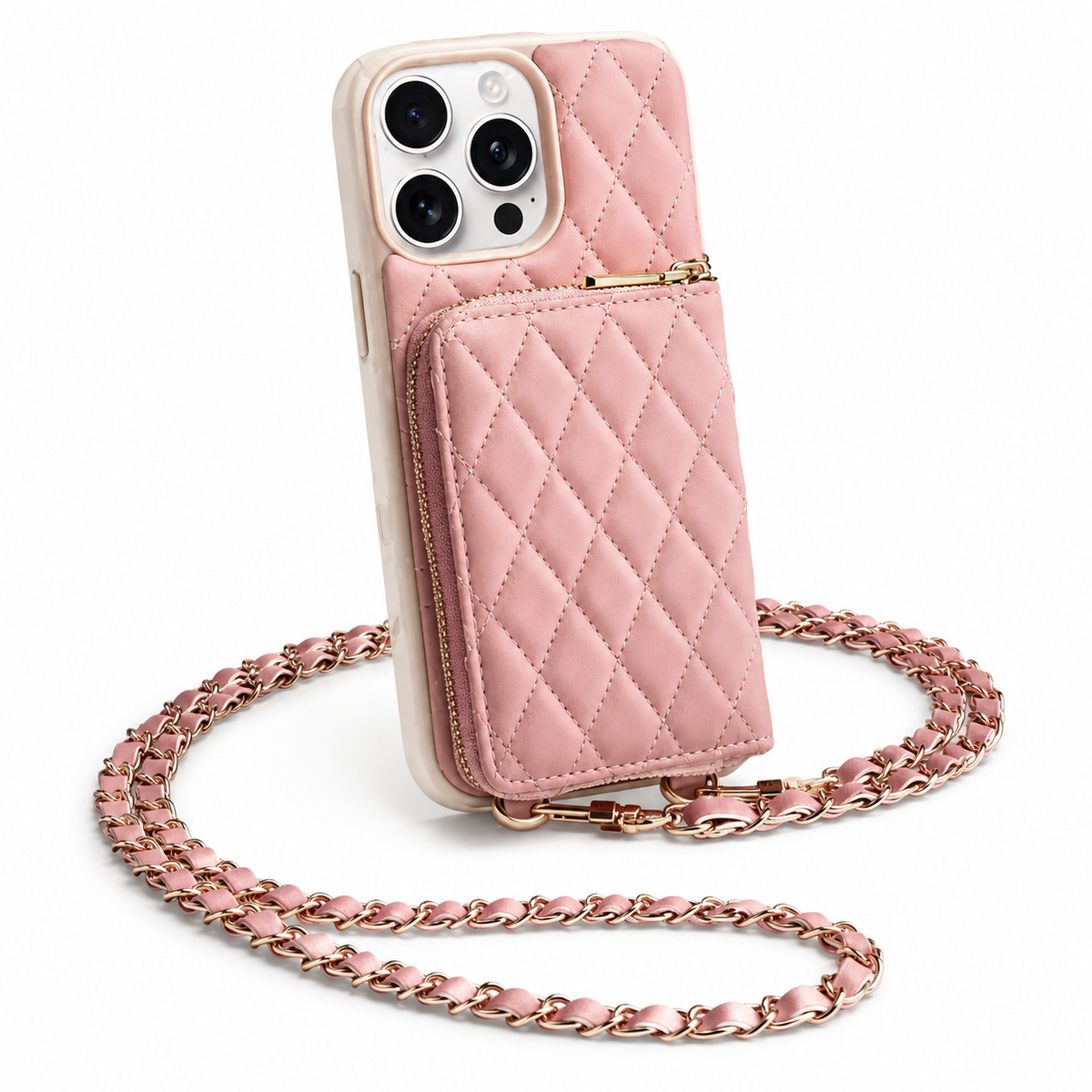 Premium iPhone Crossbody Wallet Case Leather Card Holder Diamond Stitch Chain Strap Shockproof Non Slip Portable Protective Phone Bag