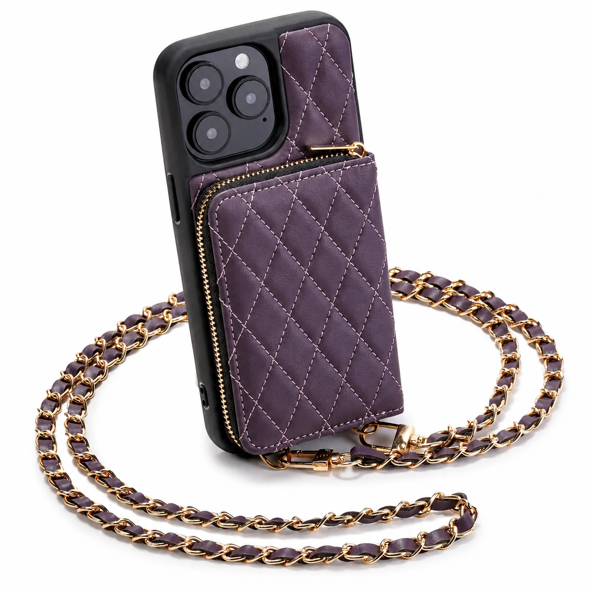 Premium iPhone Crossbody Wallet Case Leather Card Holder Diamond Stitch Chain Strap Shockproof Non Slip Portable Protective Phone Bag