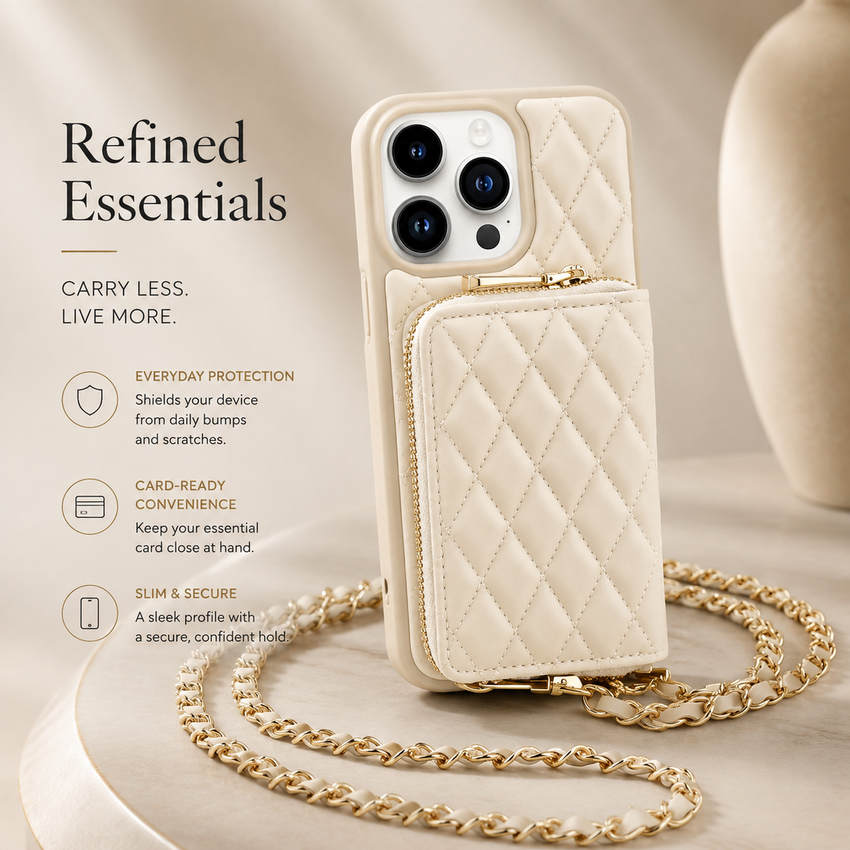 Premium iPhone Crossbody Wallet Case Leather Card Holder Diamond Stitch Chain Strap Shockproof Non Slip Portable Protective Phone Bag