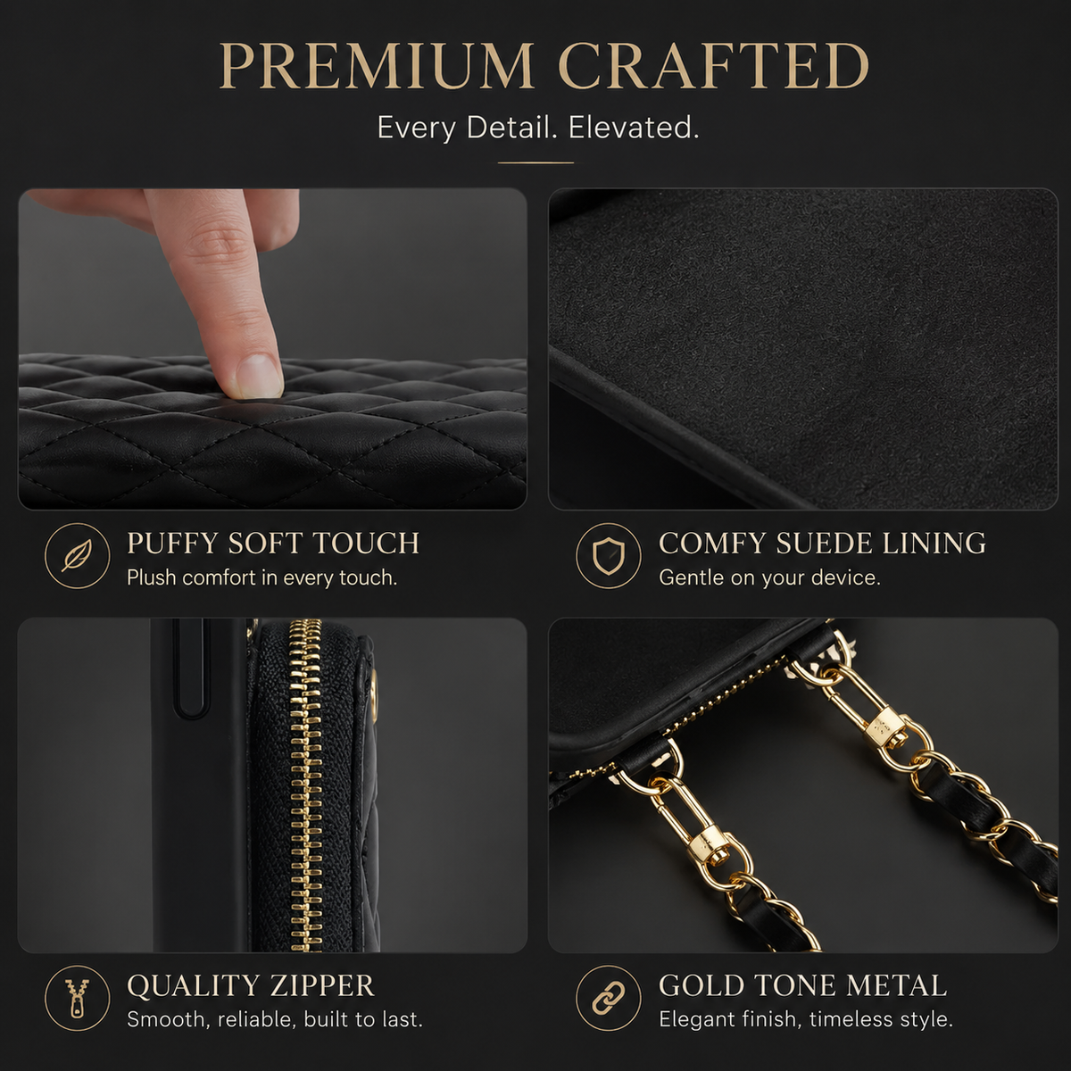 Premium iPhone Crossbody Wallet Case Leather Card Holder Diamond Stitch Chain Strap Shockproof Non Slip Portable Protective Phone Bag