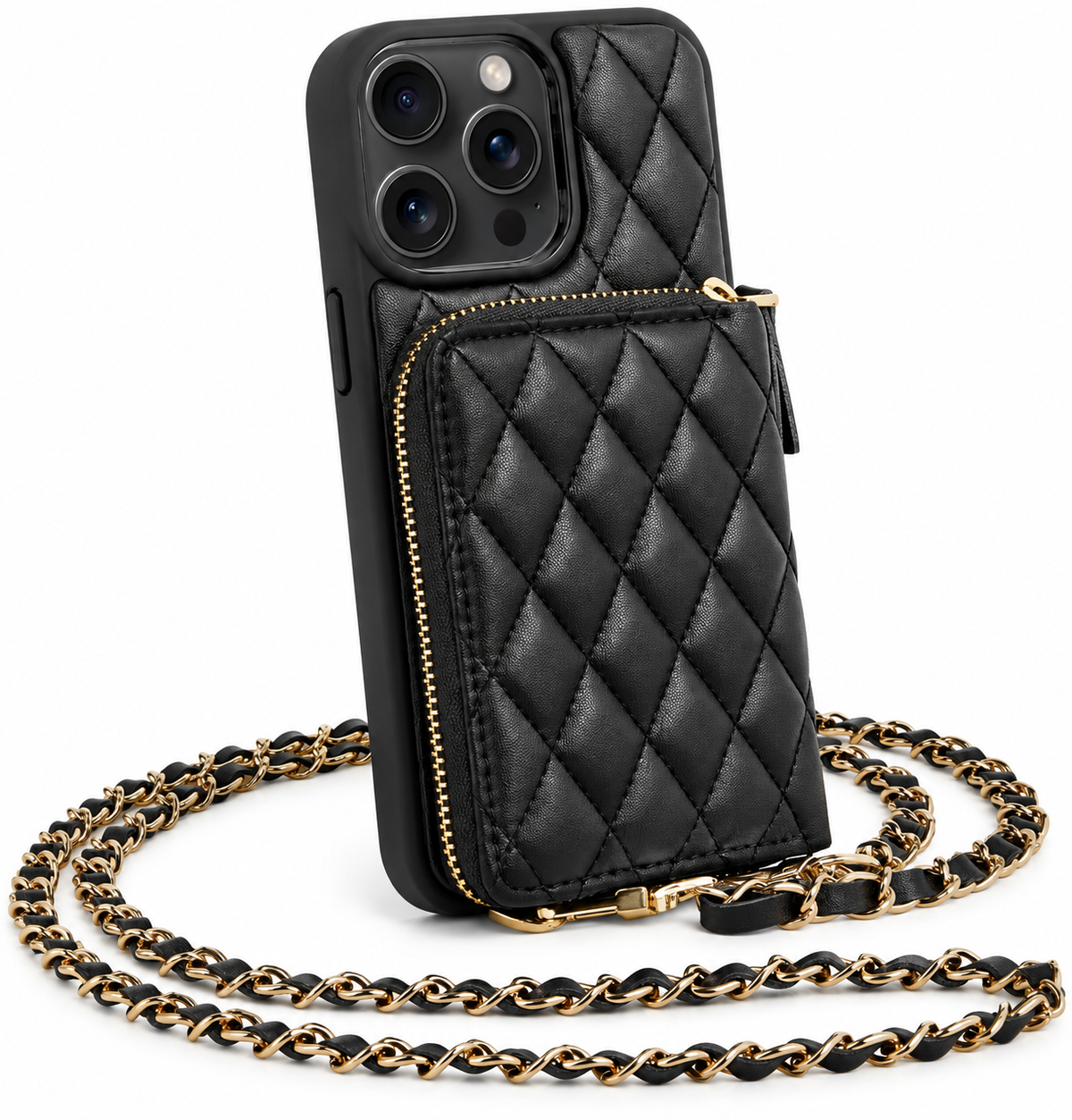 Premium iPhone Crossbody Wallet Case Leather Card Holder Diamond Stitch Chain Strap Shockproof Non Slip Portable Protective Phone Bag