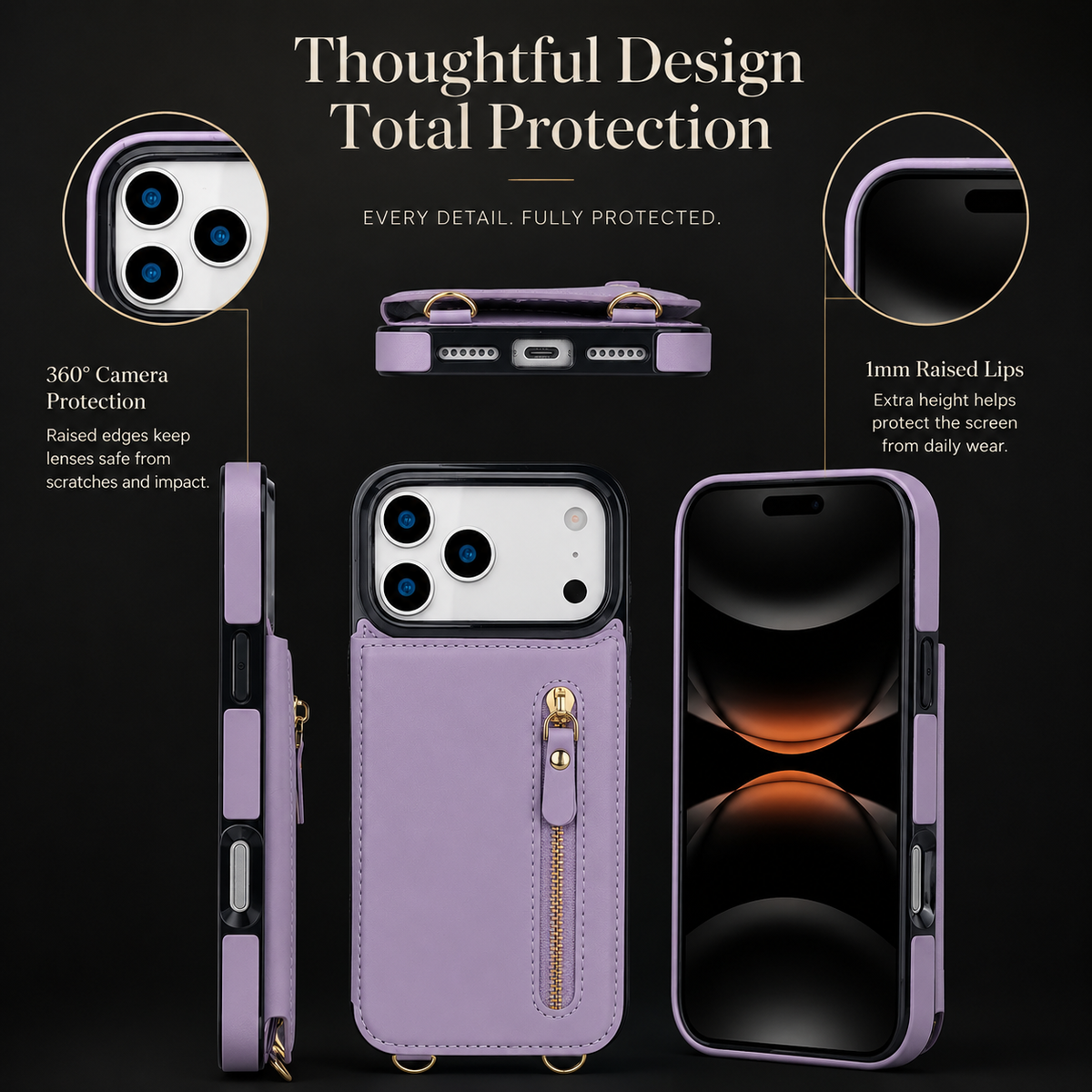 Premium iPhone Wallet Case Crossbody Leather RFID Blocking Zipper Card Holder Lanyard Strap Shockproof Anti Scratch Magnetic Full Cover Storage Design