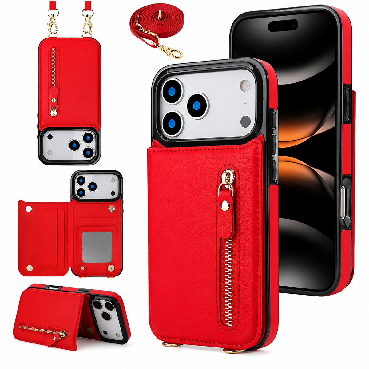 Premium iPhone Wallet Case Crossbody Leather RFID Blocking Zipper Card Holder Lanyard Strap Shockproof Anti Scratch Magnetic Full Cover Storage Design