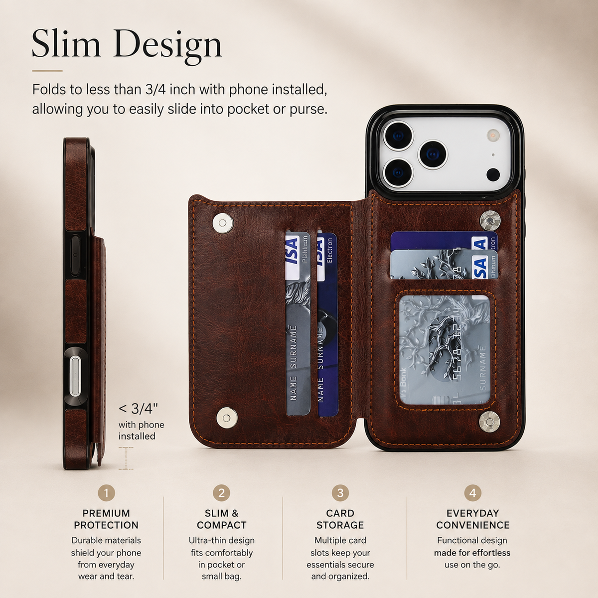 Premium iPhone Wallet Case Faux Leather Card Holder Kickstand Double Magnetic Clasp Shockproof Soft Cover Slim Protective Flip Case Slim Minimal Style