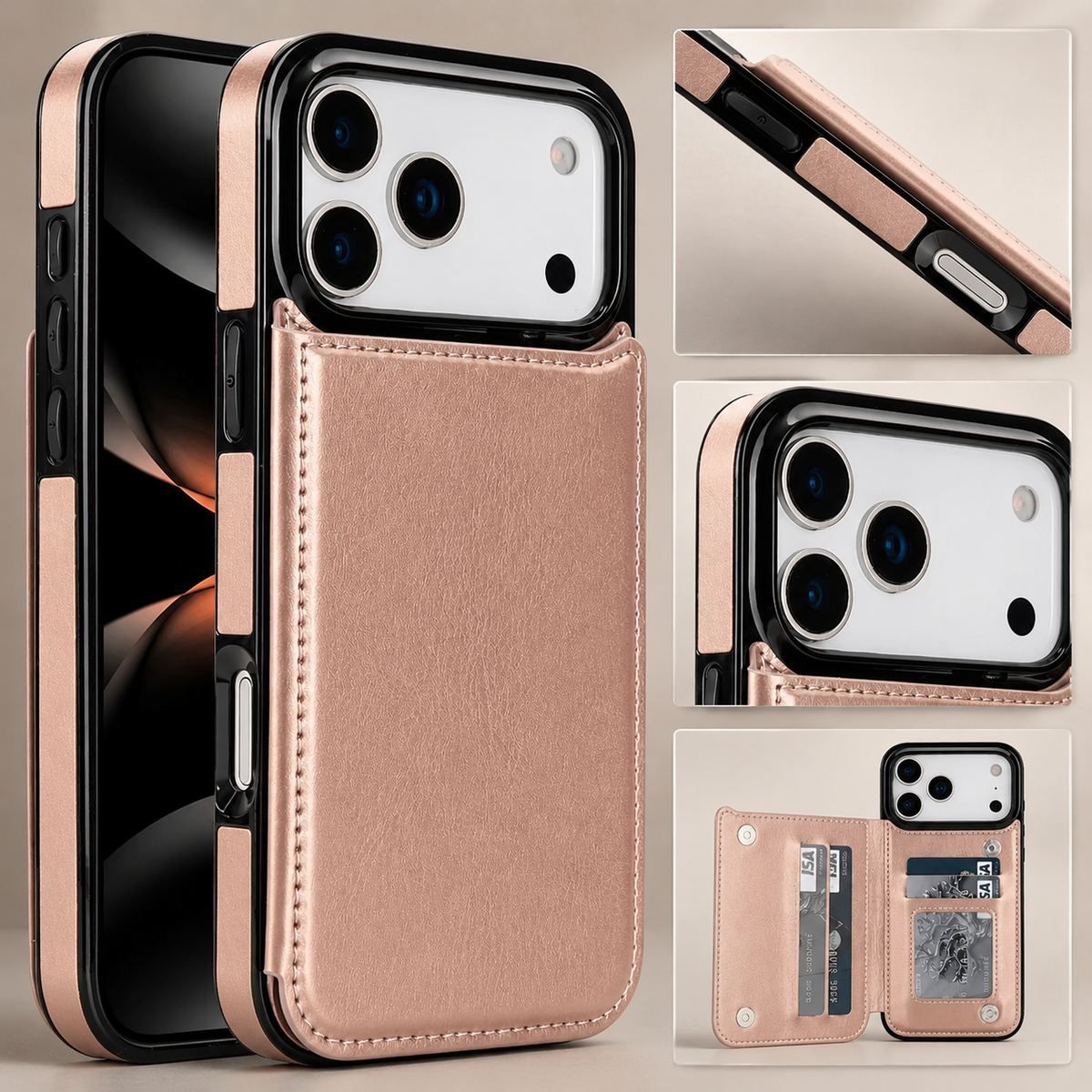 Premium iPhone Wallet Case Faux Leather Card Holder Kickstand Double Magnetic Clasp Shockproof Soft Cover Slim Protective Flip Case Slim Minimal Style