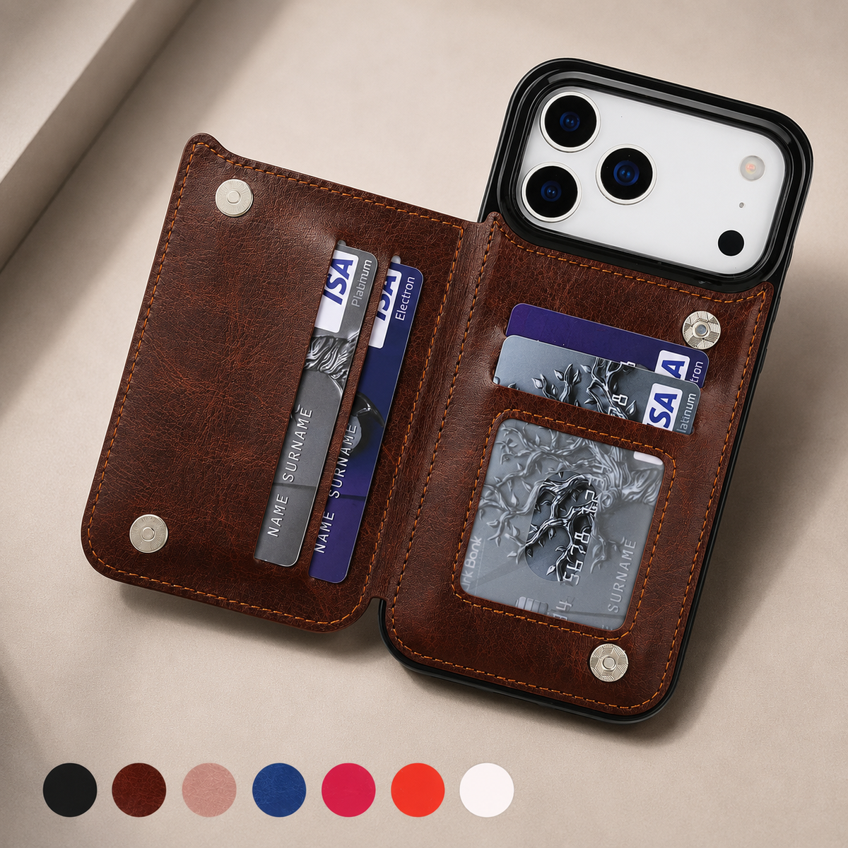Premium iPhone Wallet Case Faux Leather Card Holder Kickstand Double Magnetic Clasp Shockproof Soft Cover Slim Protective Flip Case Slim Minimal Style