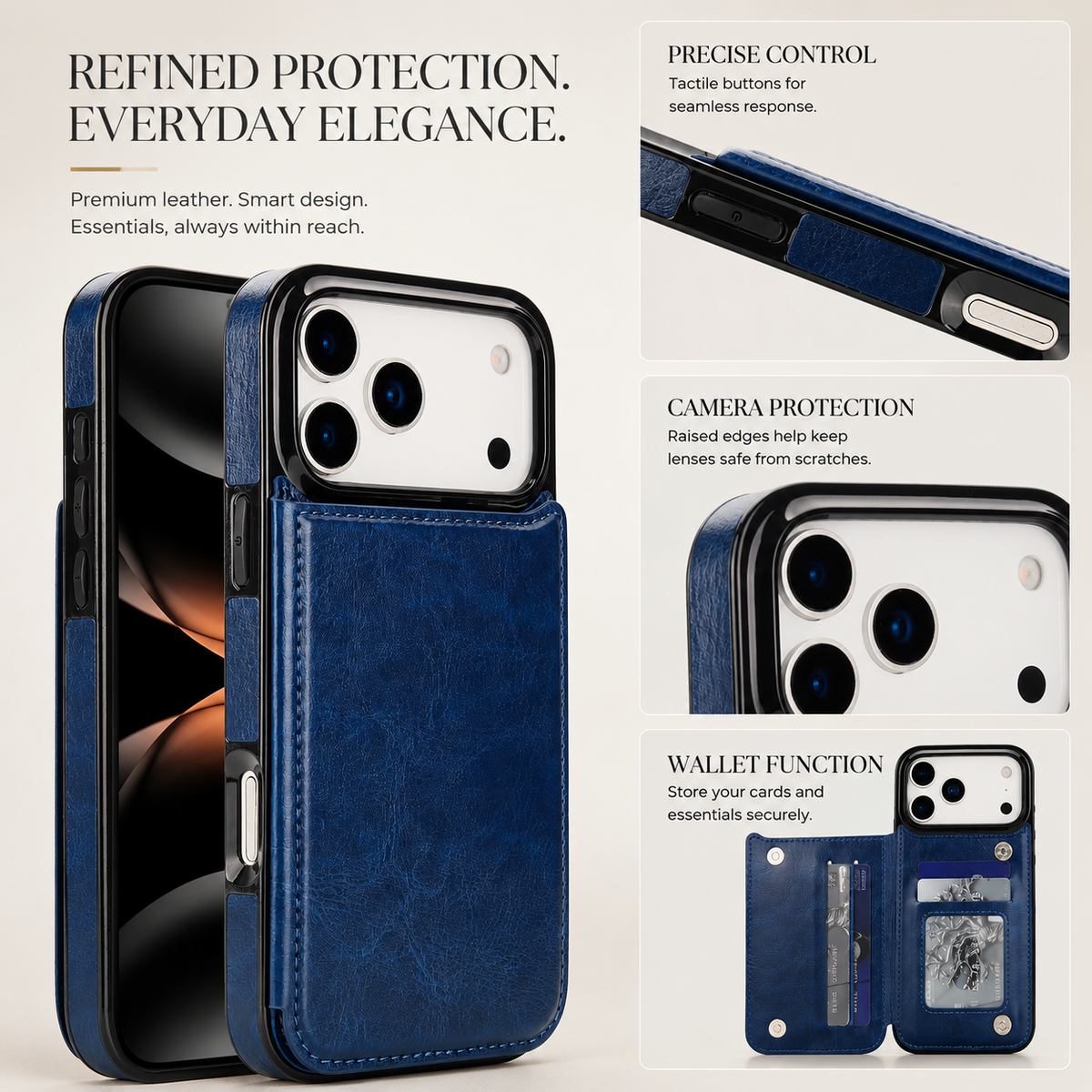 Premium iPhone Wallet Case Faux Leather Card Holder Kickstand Double Magnetic Clasp Shockproof Soft Cover Slim Protective Flip Case Slim Minimal Style