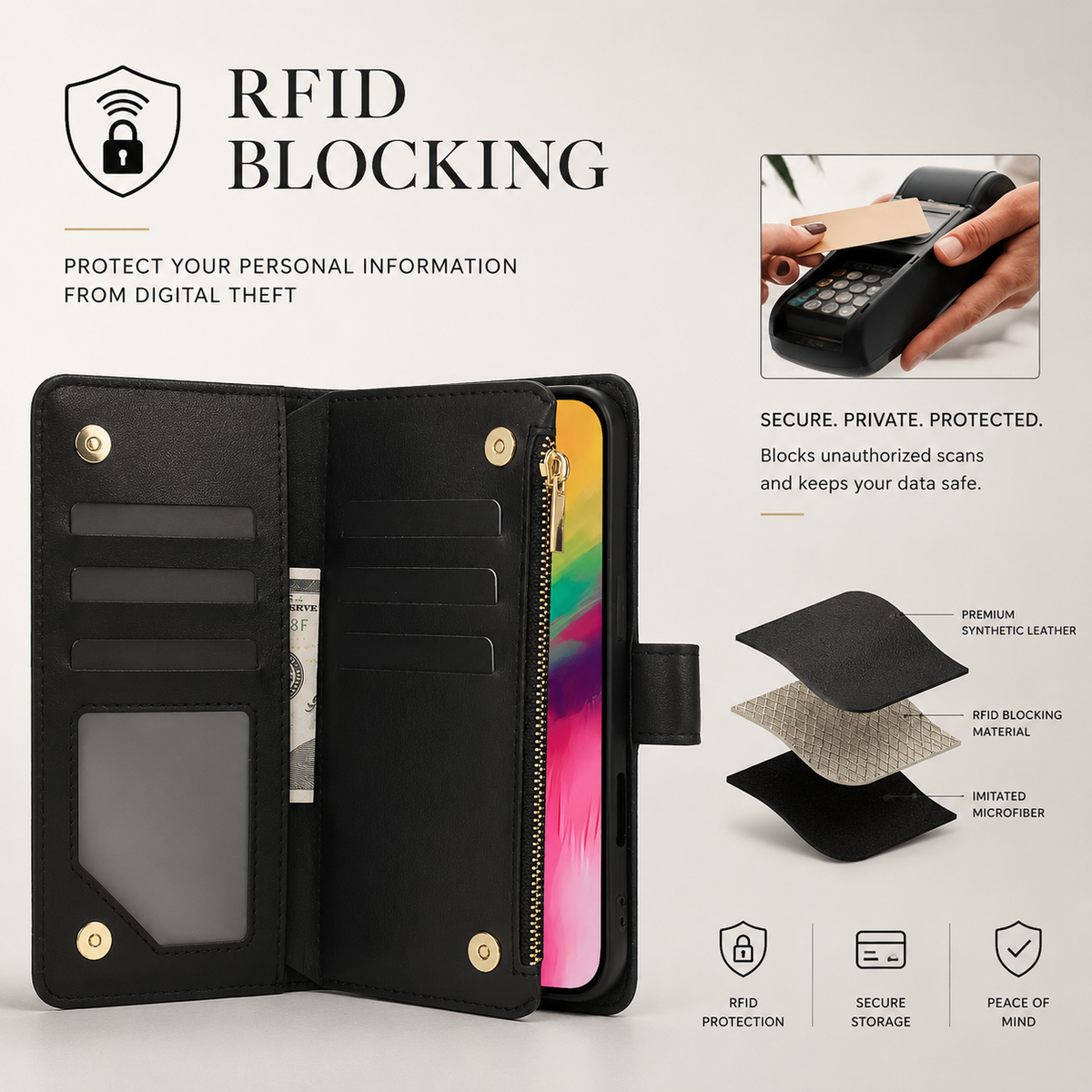 Premium iPhone Wallet Case Leather Flip Cover 6 Card Slots Zipper Storage Magnetic Closure Shockproof Kickstand Chain Strap Anti Scratch