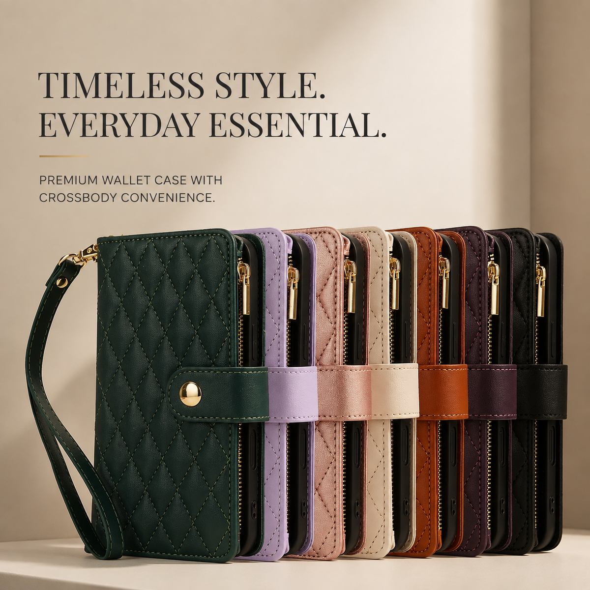 Premium iPhone Wallet Case Leather Flip Cover 6 Card Slots Zipper Storage Magnetic Closure Shockproof Kickstand Chain Strap Anti Scratch