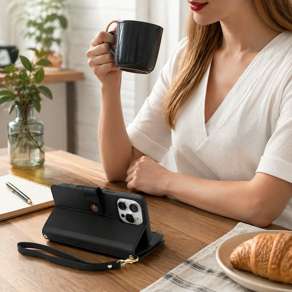 Premium iPhone Wallet Case Leather Flip Cover 6 Card Slots Zipper Storage Magnetic Closure Shockproof Kickstand Chain Strap Anti Scratch