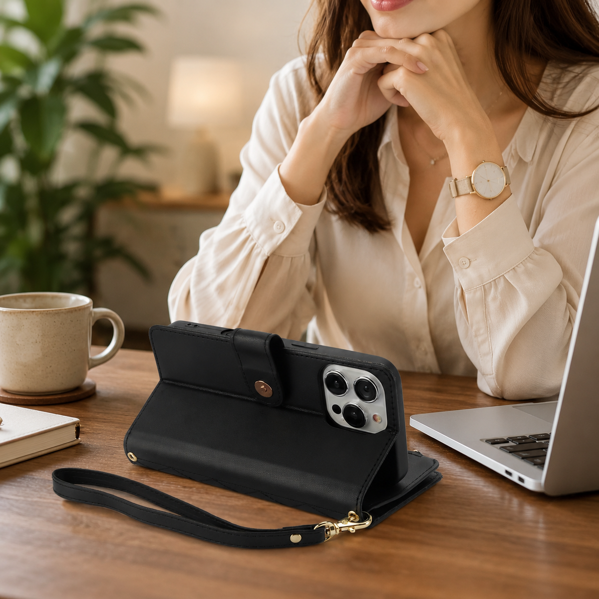 Premium iPhone Wallet Case Leather Flip Cover 6 Card Slots Zipper Storage Magnetic Closure Shockproof Kickstand Chain Strap Anti Scratch