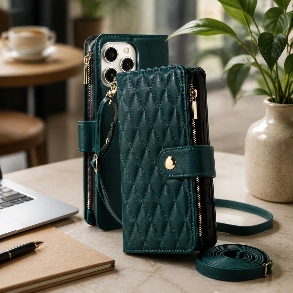 Premium iPhone Wallet Case Leather Flip Cover 6 Card Slots Zipper Storage Magnetic Closure Shockproof Kickstand Chain Strap Anti Scratch