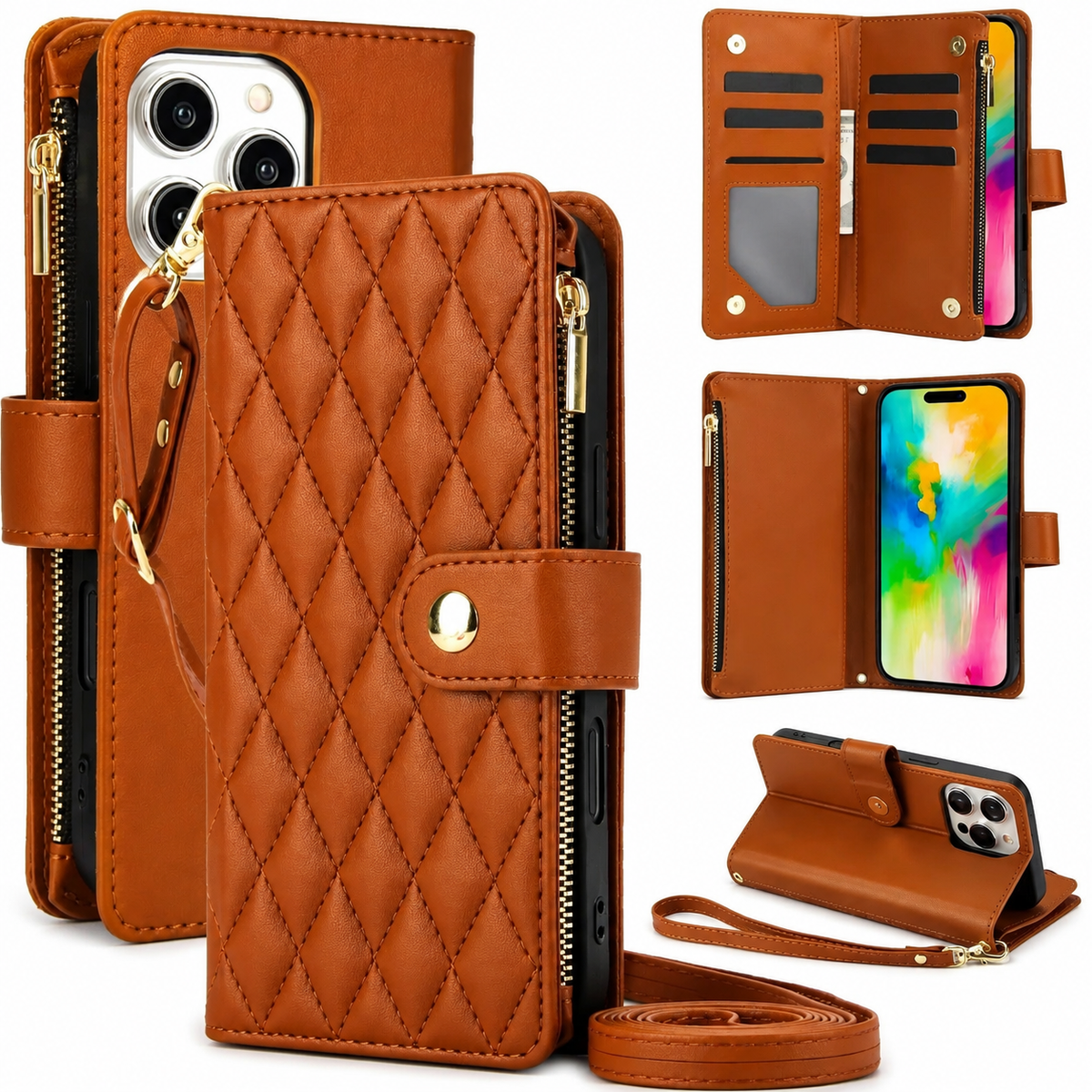 Premium iPhone Wallet Case Leather Flip Cover 6 Card Slots Zipper Storage Magnetic Closure Shockproof Kickstand Chain Strap Anti Scratch