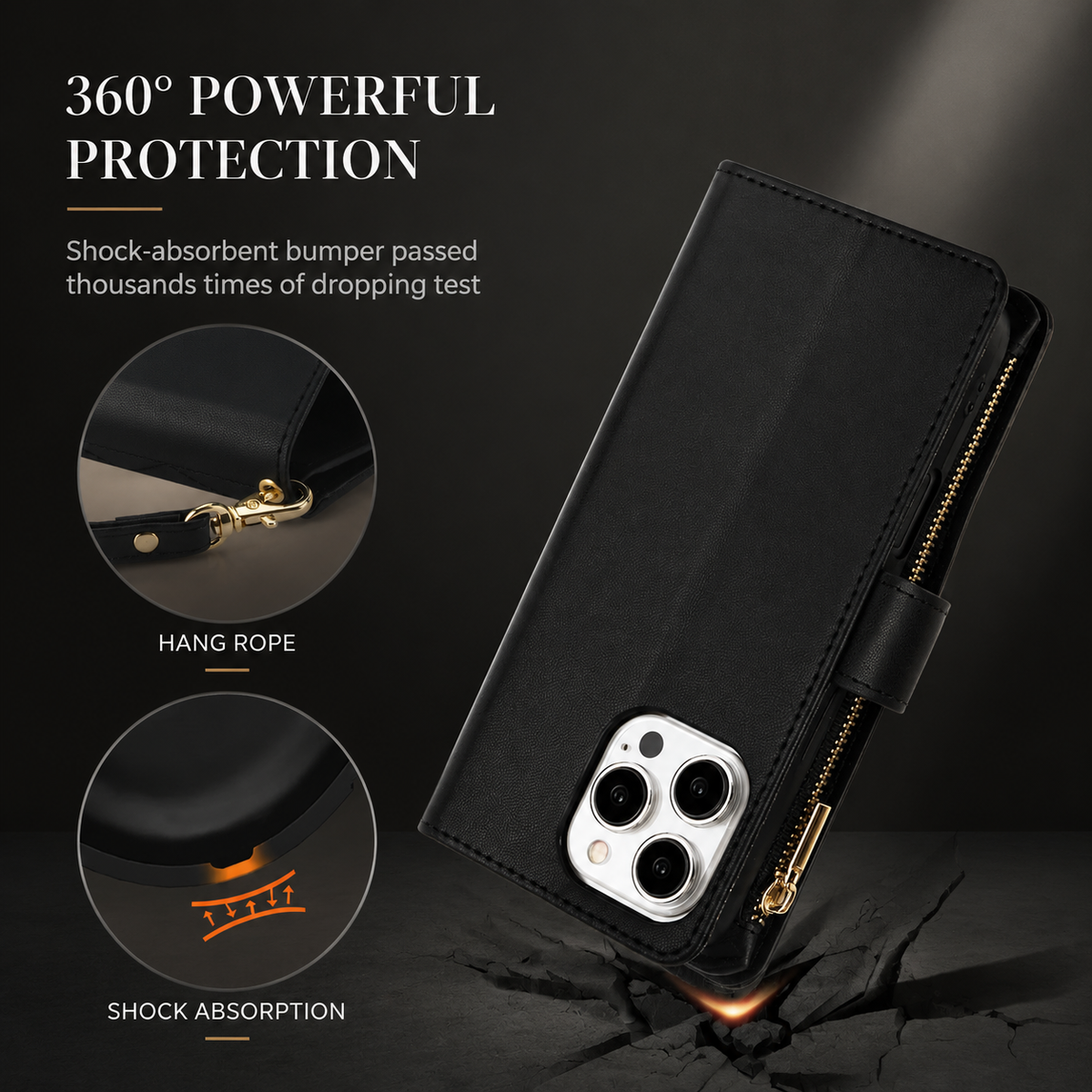 Premium iPhone Wallet Case Leather Flip Cover 6 Card Slots Zipper Storage Magnetic Closure Shockproof Kickstand Chain Strap Anti Scratch