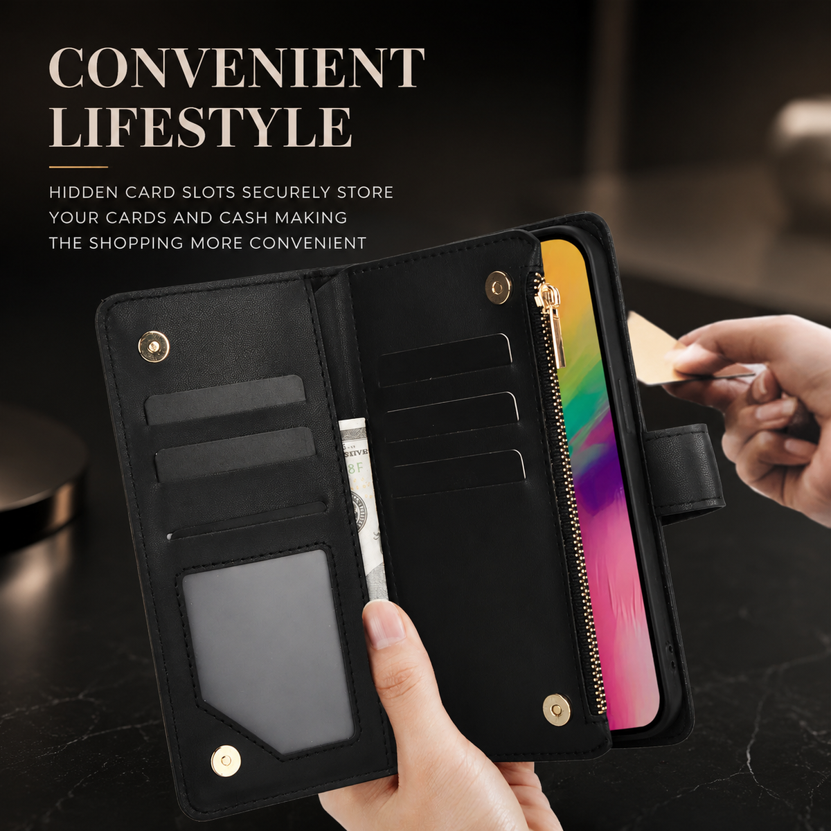 Premium iPhone Wallet Case Leather Flip Cover 6 Card Slots Zipper Storage Magnetic Closure Shockproof Kickstand Chain Strap Anti Scratch