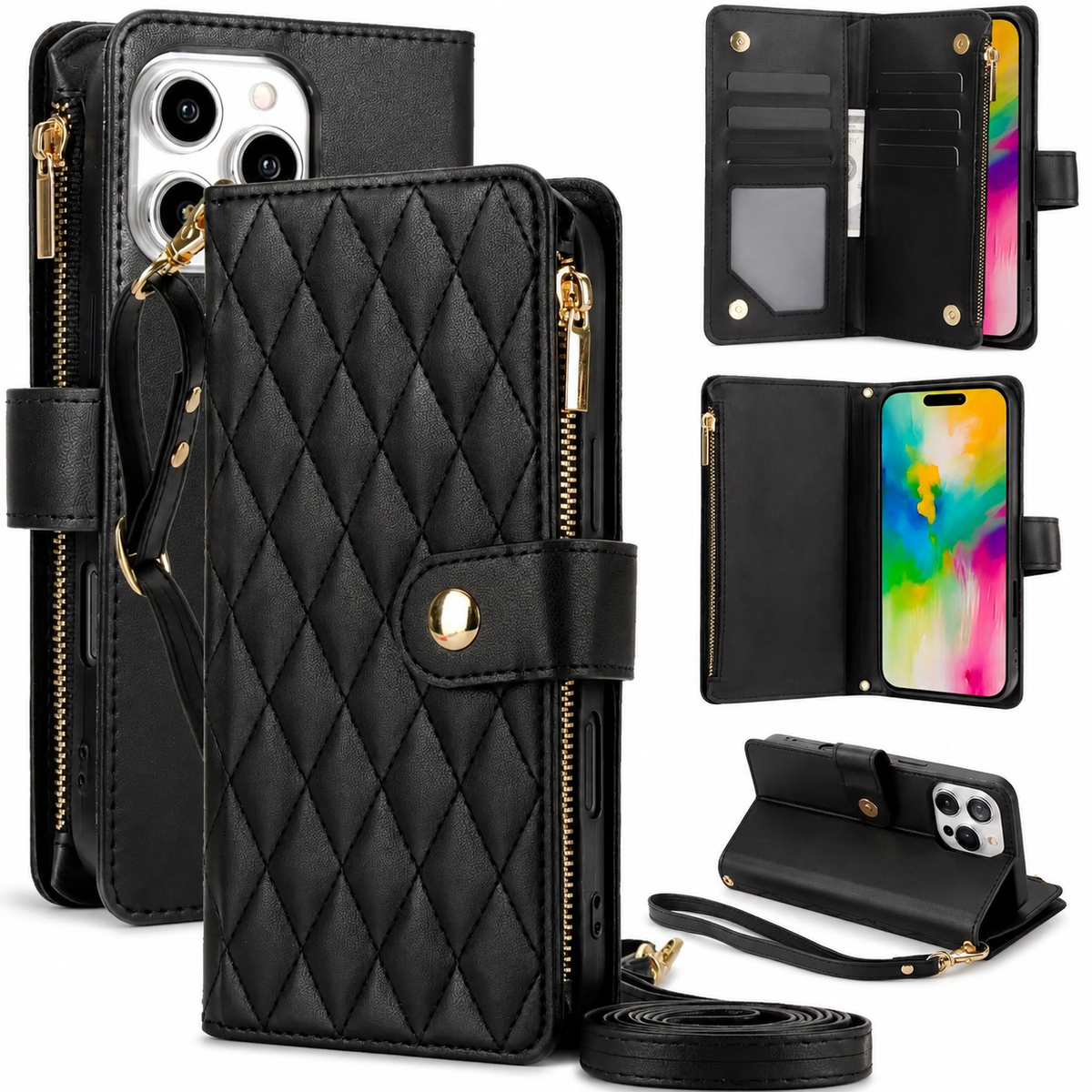 Premium iPhone Wallet Case Leather Flip Cover 6 Card Slots Zipper Storage Magnetic Closure Shockproof Kickstand Chain Strap Anti Scratch