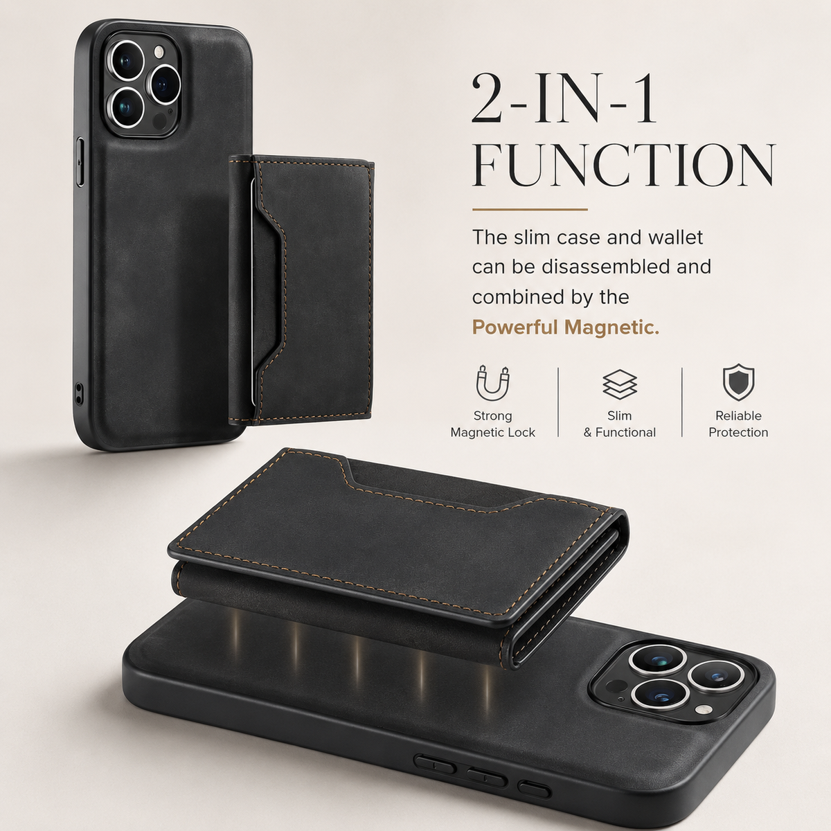 Premium iPhone Wallet Case Magnetic Leather Card Holder Money Compartment Kickstand Half Wrapped Shockproof Anti Fingerprint Protective Cover