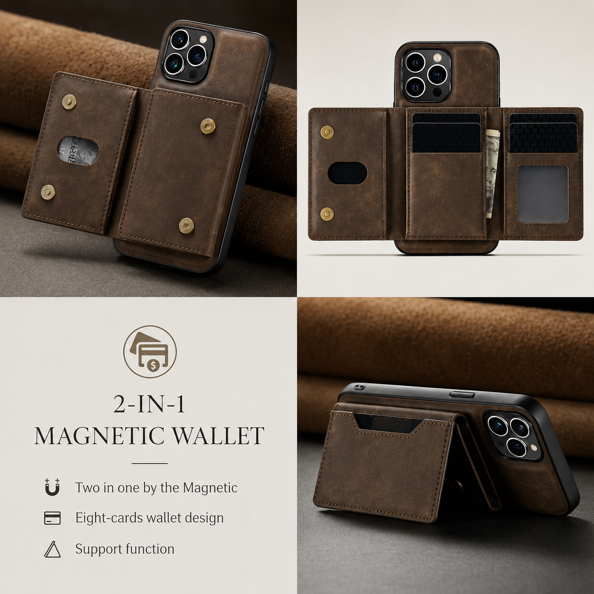 Premium iPhone Wallet Case Magnetic Leather Card Holder Money Compartment Kickstand Half Wrapped Shockproof Anti Fingerprint Protective Cover