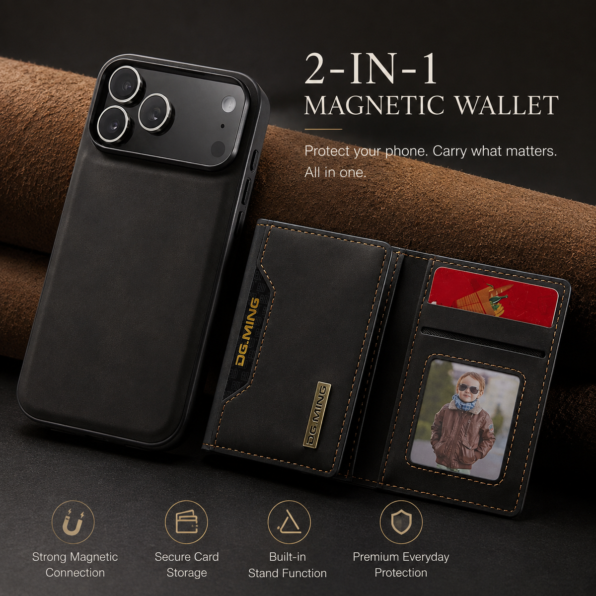 Premium iPhone Wallet Case Magnetic Leather Card Holder Money Compartment Kickstand Half Wrapped Shockproof Anti Fingerprint Protective Cover