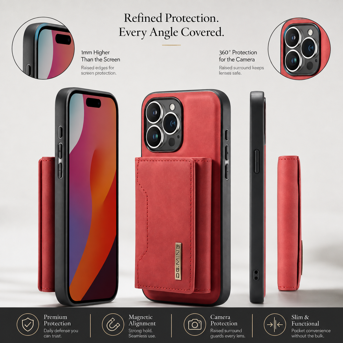 Premium iPhone Wallet Case Magnetic Leather Card Holder Money Compartment Kickstand Half Wrapped Shockproof Anti Fingerprint Protective Cover