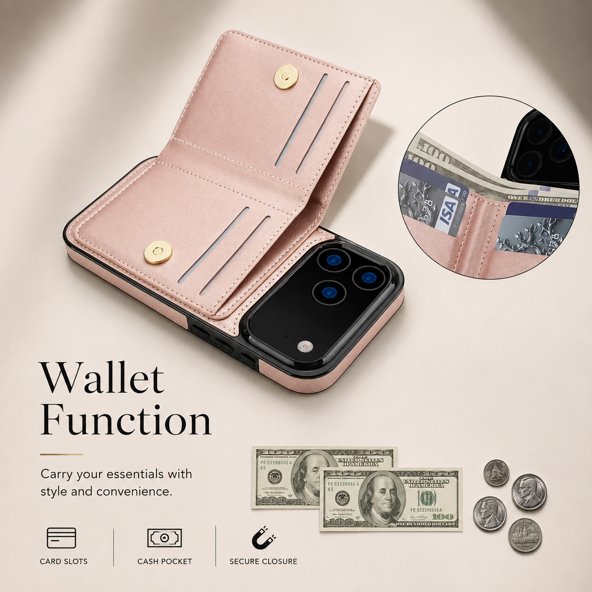 Premium iPhone Wallet Case PU Leather Card Holder 360 Rotating Ring Kickstand Magnetic Clasp Shockproof Full Cover Anti Scratch Protective Slim Design