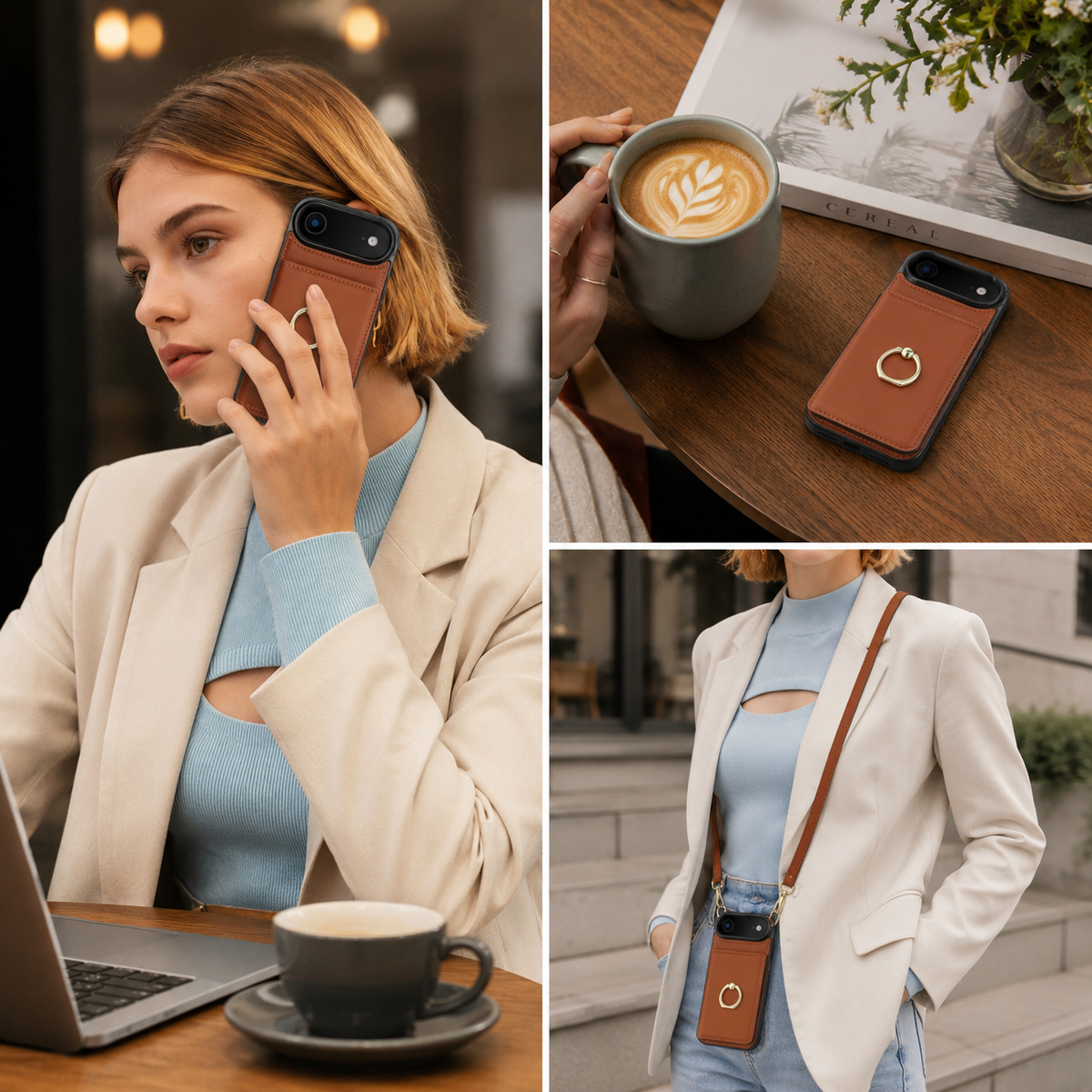 Premium iPhone Wallet Case PU Leather Card Holder 360 Rotating Ring Kickstand Magnetic Clasp Shockproof Full Cover Anti Scratch Protective Slim Design