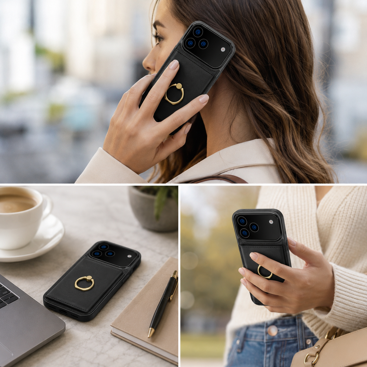 Premium iPhone Wallet Case PU Leather Card Holder 360 Rotating Ring Kickstand Magnetic Clasp Shockproof Full Cover Anti Scratch Protective Slim Design