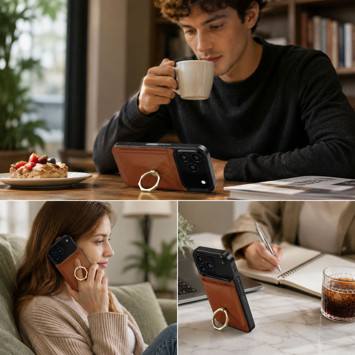 Premium iPhone Wallet Case PU Leather Card Holder 360 Rotating Ring Kickstand Magnetic Clasp Shockproof Full Cover Anti Scratch Protective Slim Design