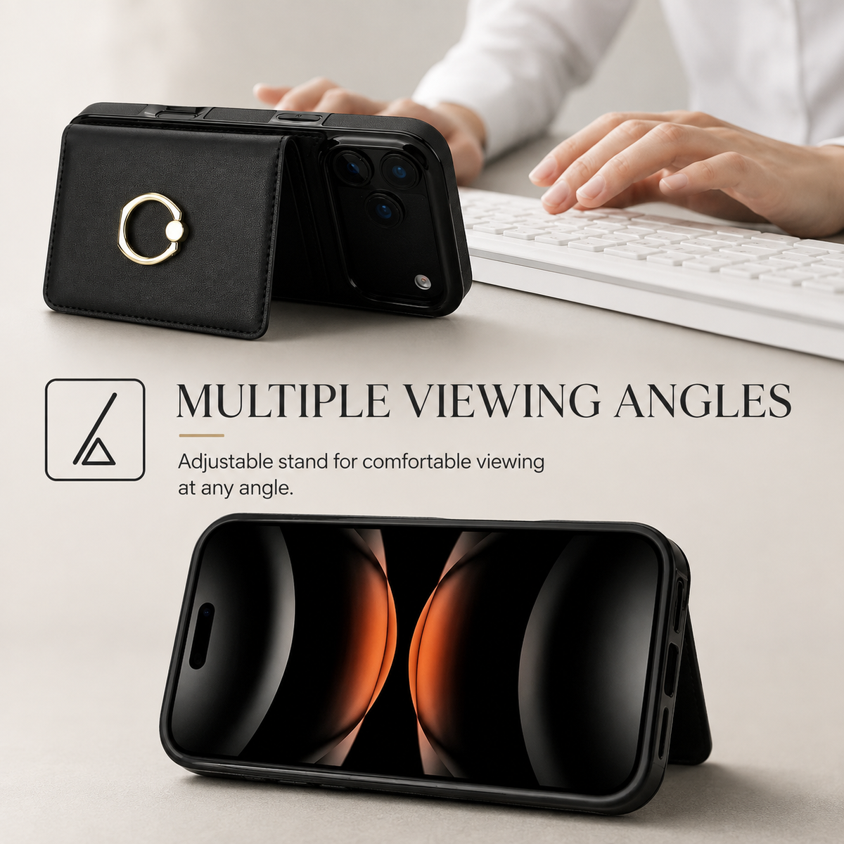 Premium iPhone Wallet Case PU Leather Card Holder 360 Rotating Ring Kickstand Magnetic Clasp Shockproof Full Cover Anti Scratch Protective Slim Design